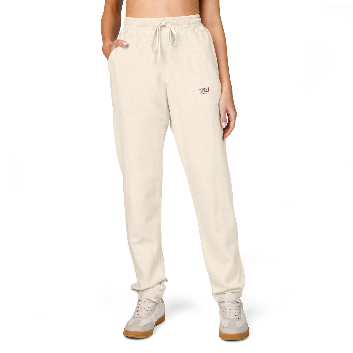 Tantrum Media Cozy Fleece Sweatpants in Cream worn by model front