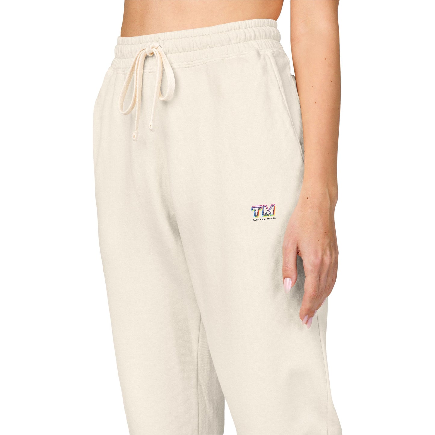 Tantrum Media Cozy Fleece Sweatpants in Cream close-up waistband and drawstring