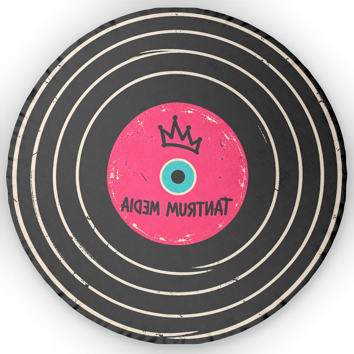 Back view of the Tantrum Media LP Record Pillow featuring a mirrored pink record label and double-sided black vinyl record artwork.
