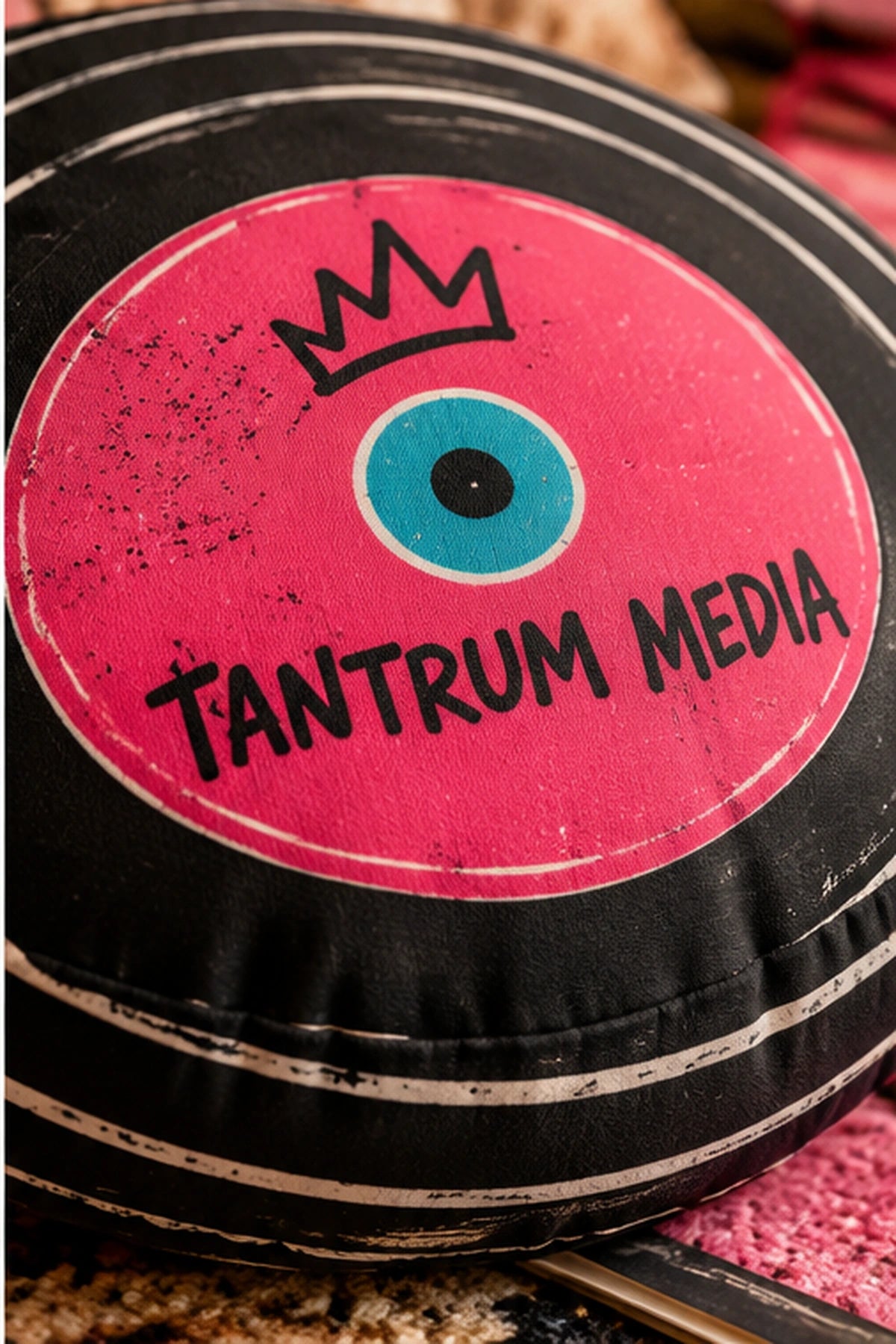 Close-up of the Tantrum Media LP Record Pillow featuring its bright pink center label, turquoise record center, black crown illustration and vintage vinyl-inspired texture.