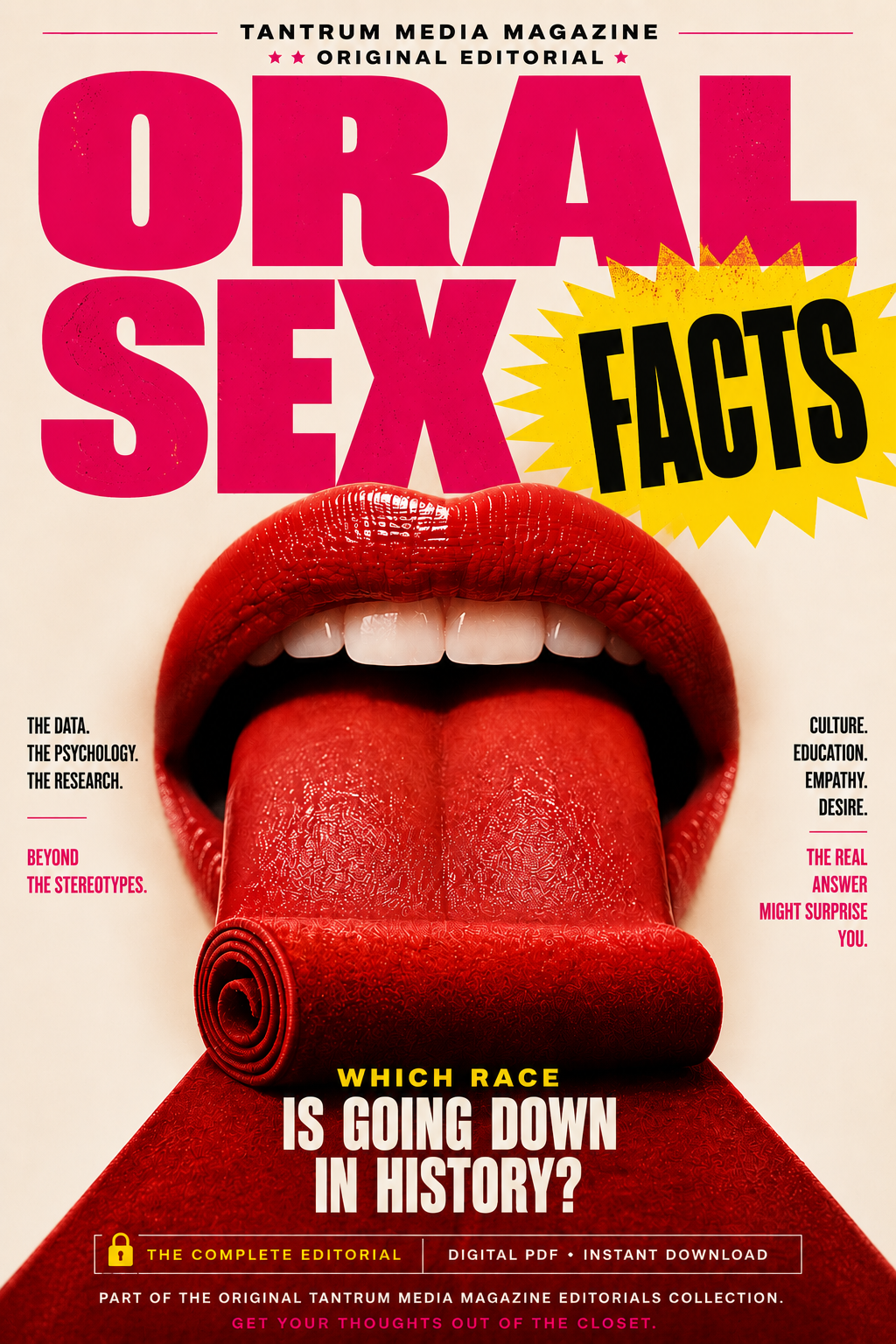 Oral Sex Facts editorial cover by Tantrum Media Magazine featuring a tongue as a red carpet, illustrating a research-driven article about oral sex psychology, culture, intimacy, and relationships.
