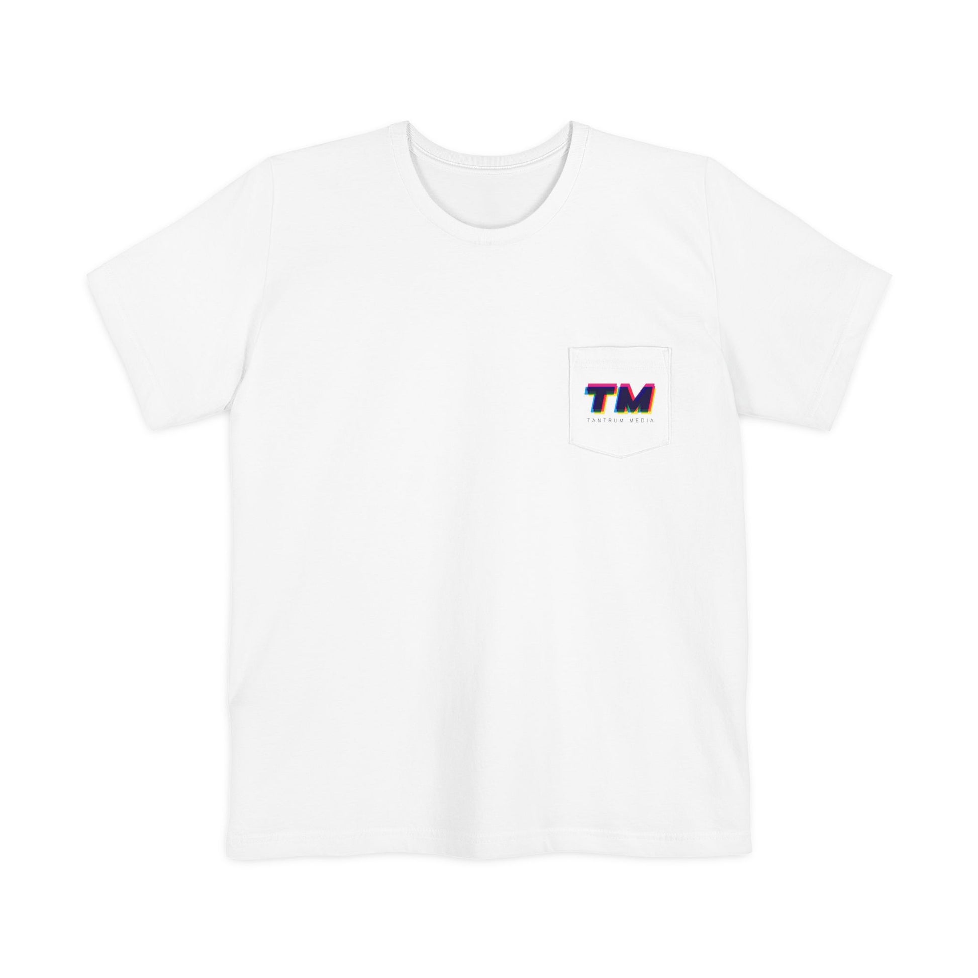 Front view of the Tantrum Media Premium Pocket T-Shirt featuring the signature TM chest pocket logo.