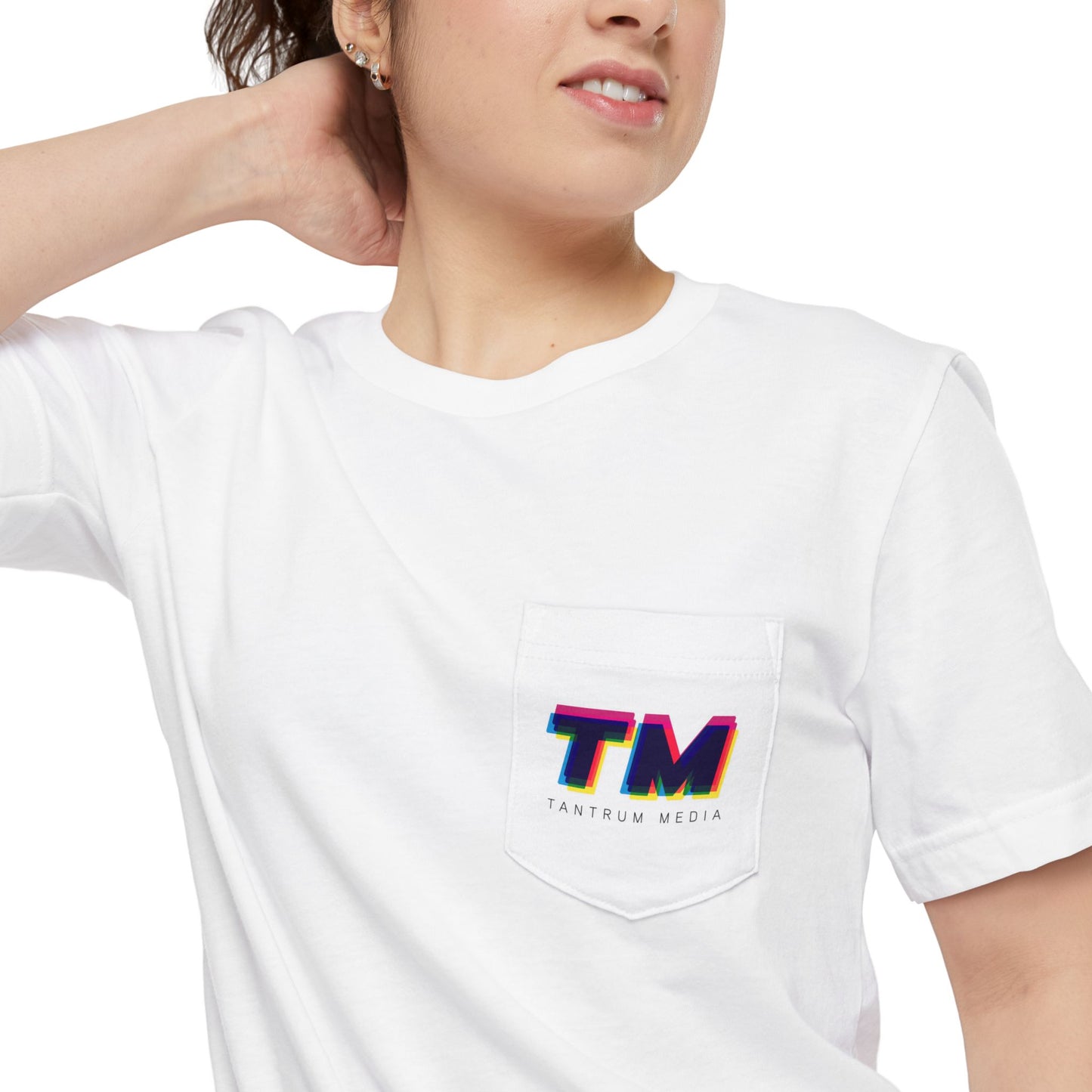 Close-up detail of the TM logo pocket on the Tantrum Media Premium Pocket T-Shirt.