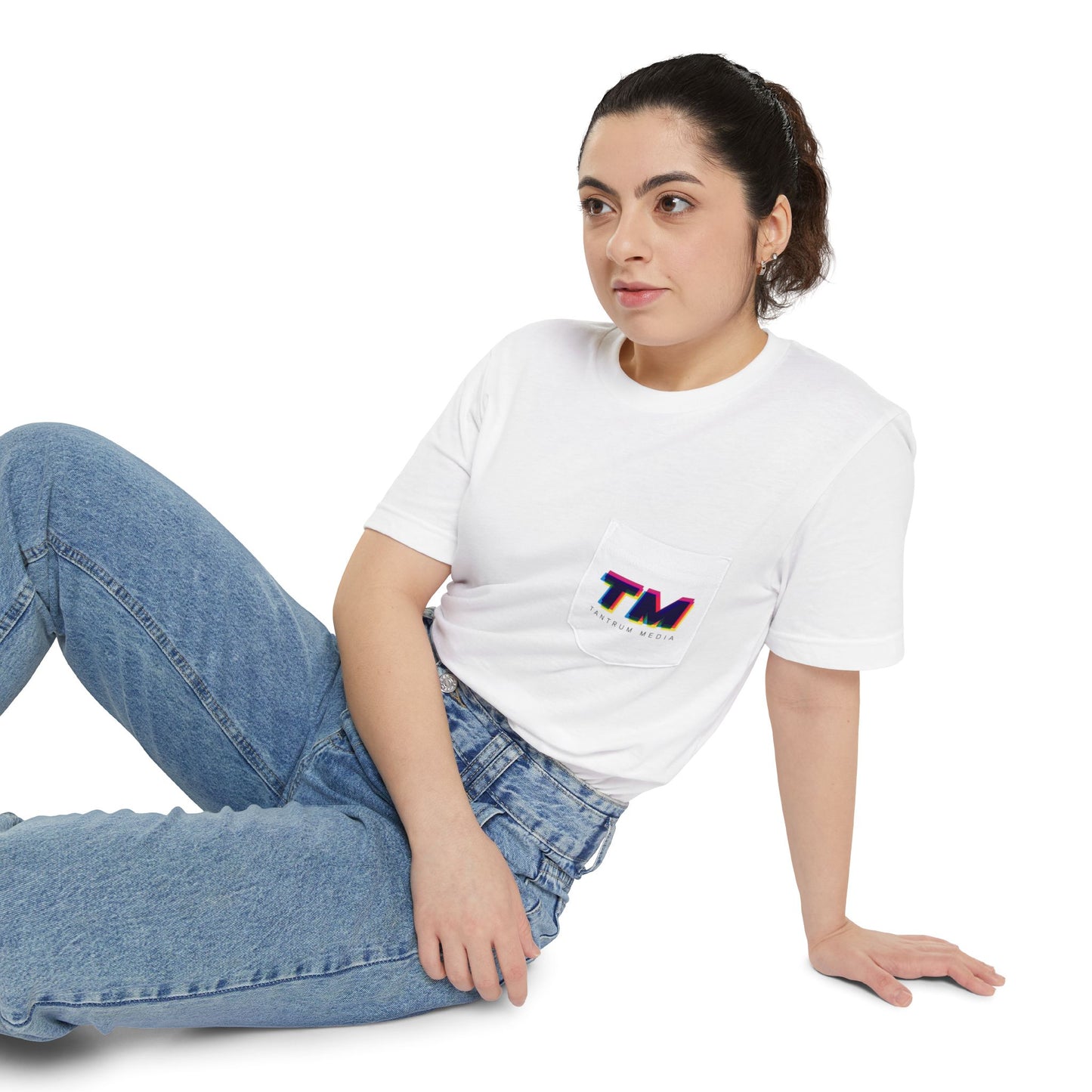 Woman wearing the Tantrum Media Premium Pocket T-Shirt styled for an effortless everyday look.