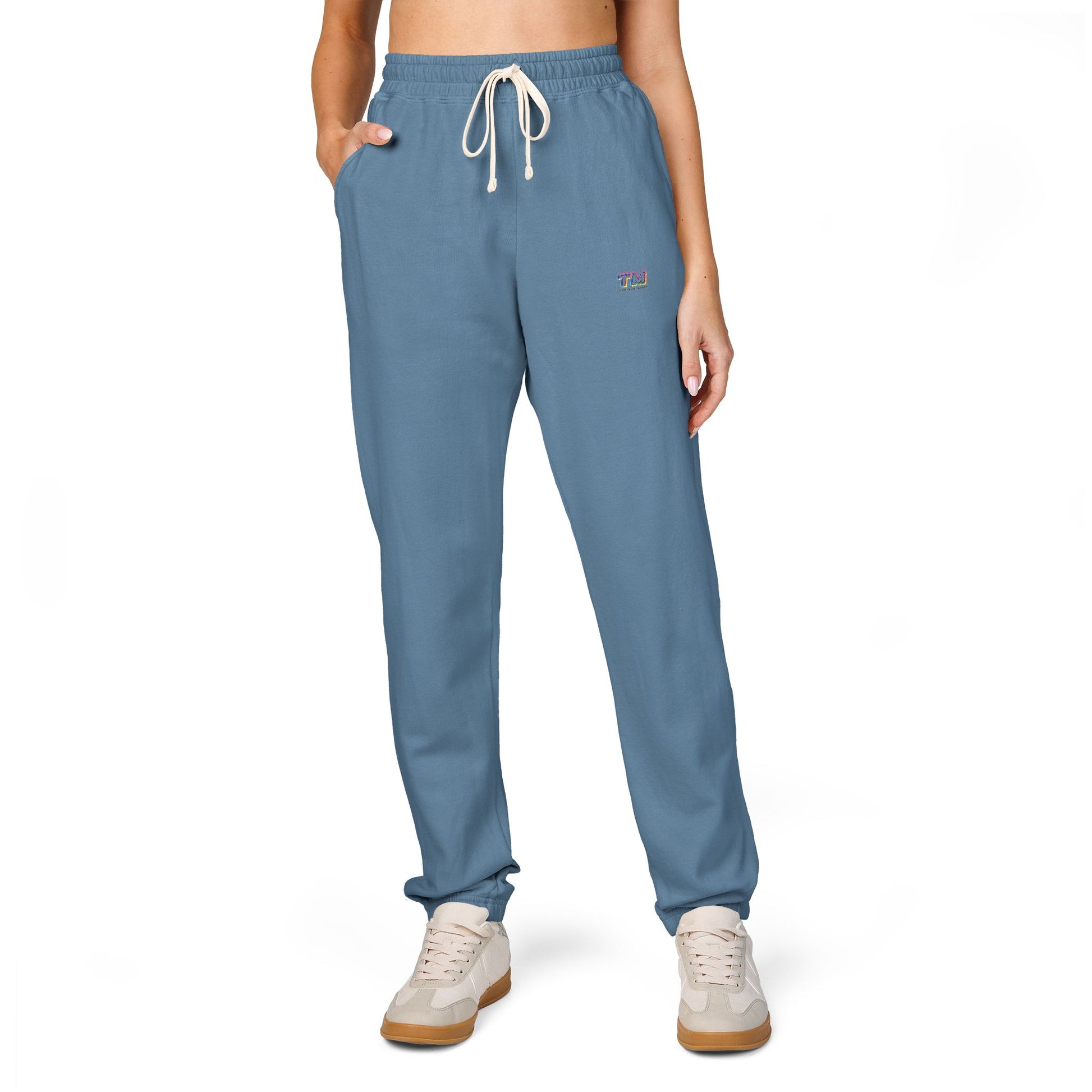 Steel blue fleece sweatpants worn by model