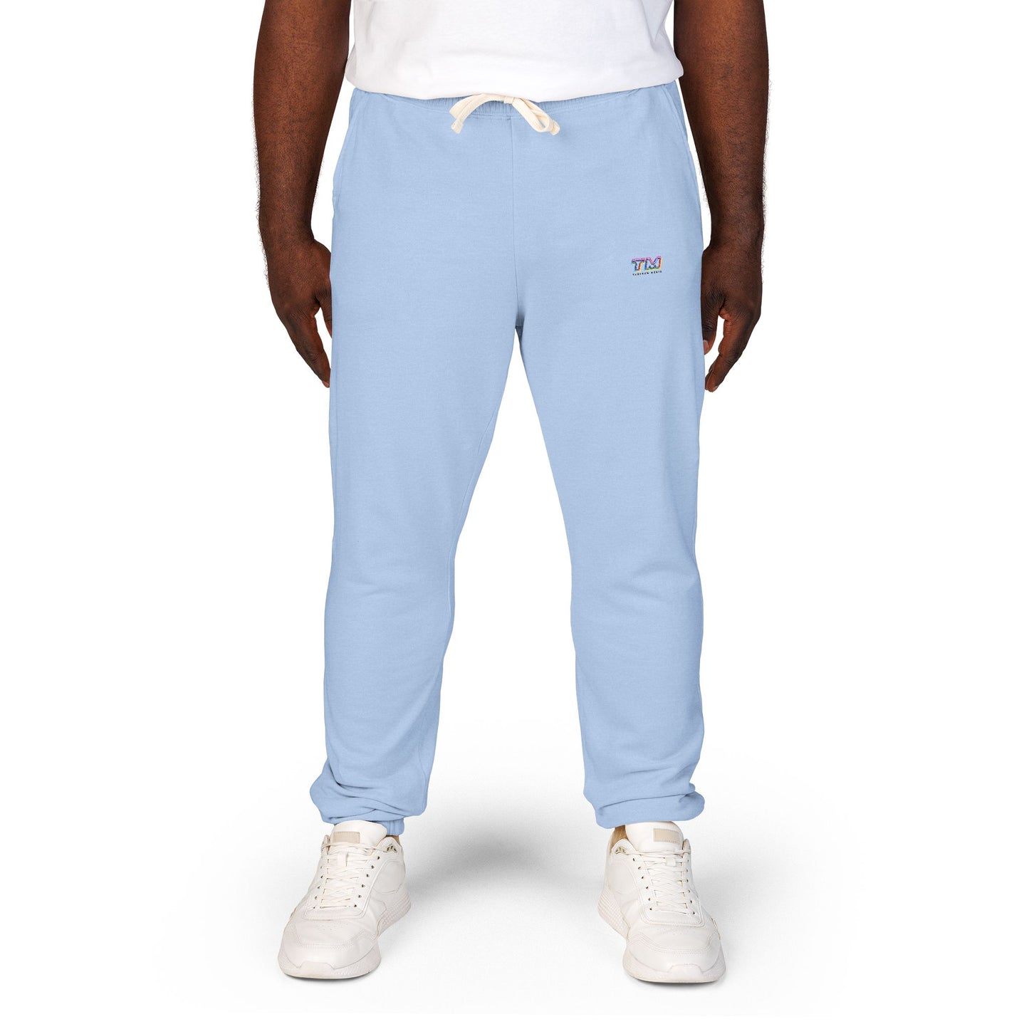 Tantrum Media Cozy Fleece Sweatpants in Light Blue worn front