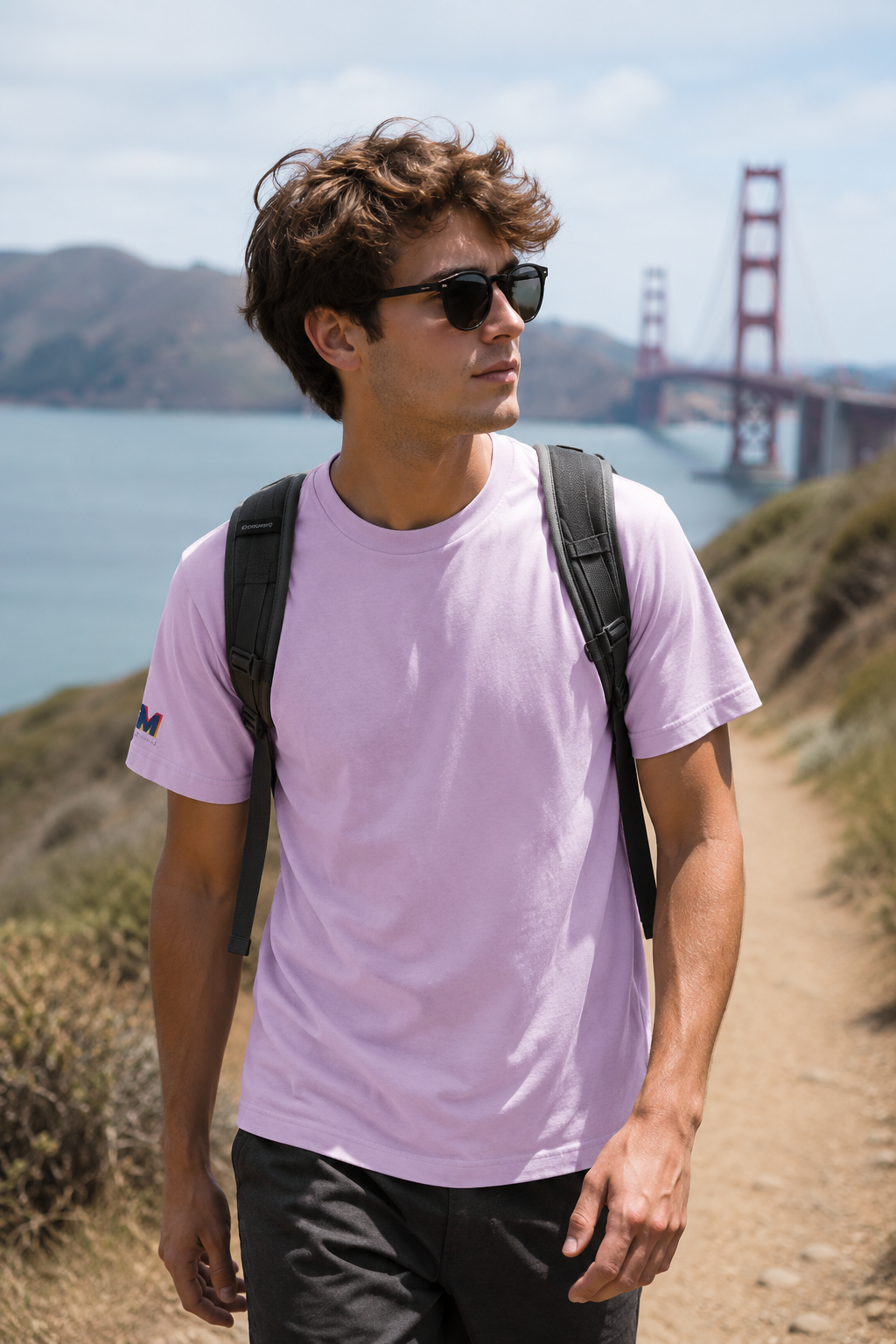 Young male model wearing Tantrum Media Soft Tones Plain Tee in lavender on San Francisco hiking trail