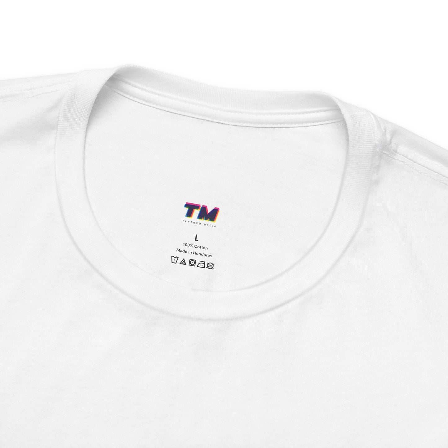 Tantrum Media Soft Tones Plain Tee collar logo close-up