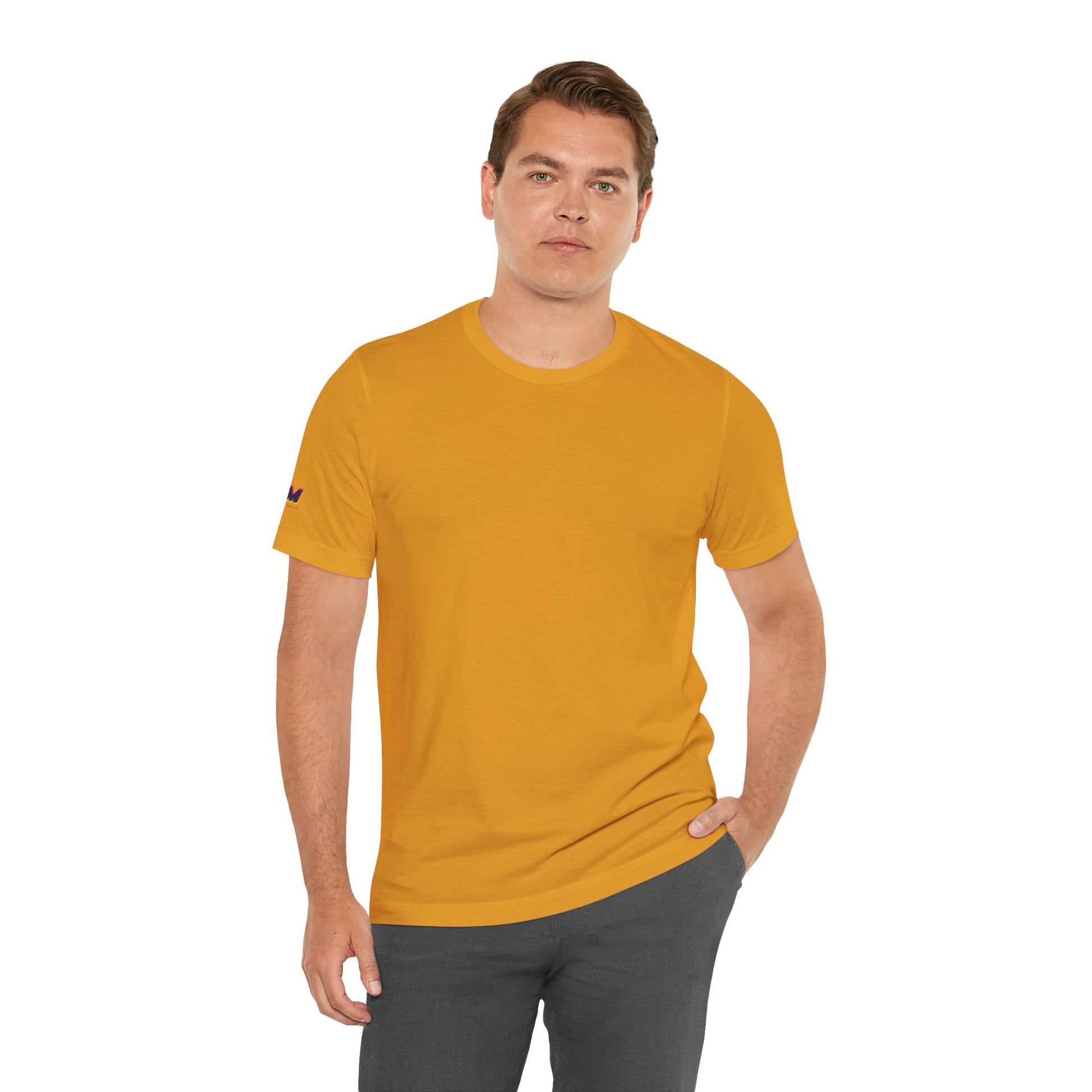 Male model wearing Tantrum Media Soft Tones Plain Tee in mustard