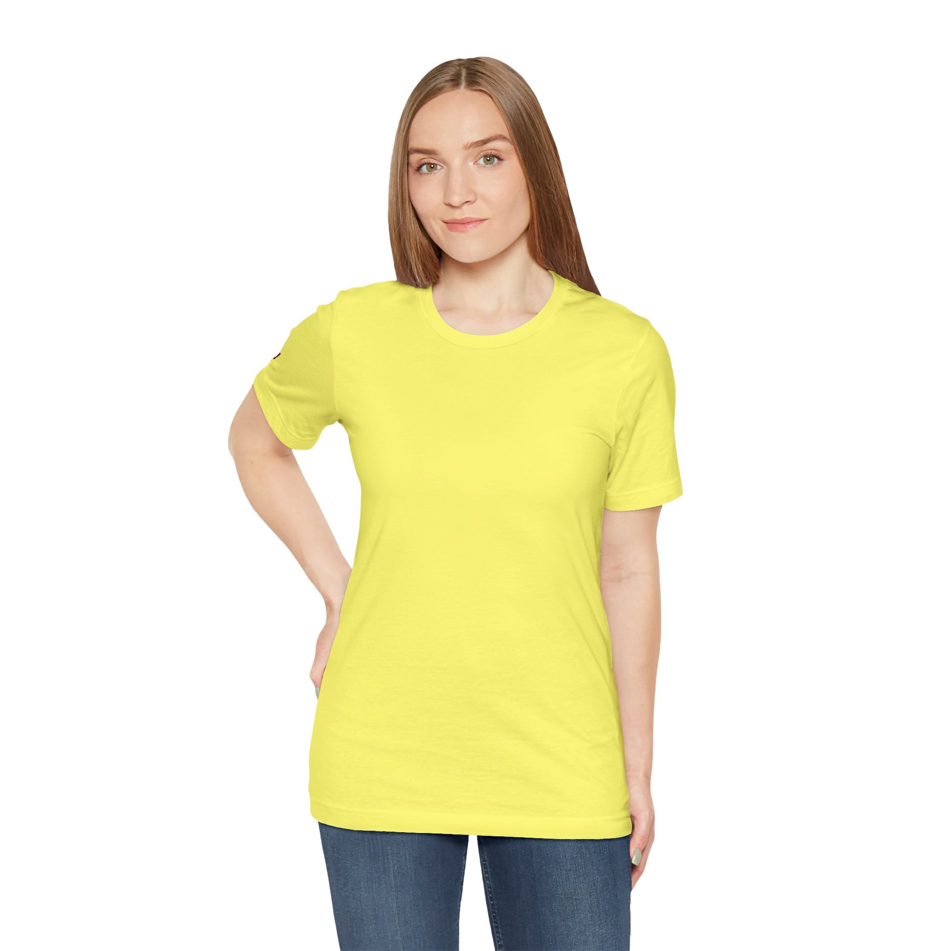 Female model wearing Tantrum Media Soft Tones Plain Tee in neon yellow
