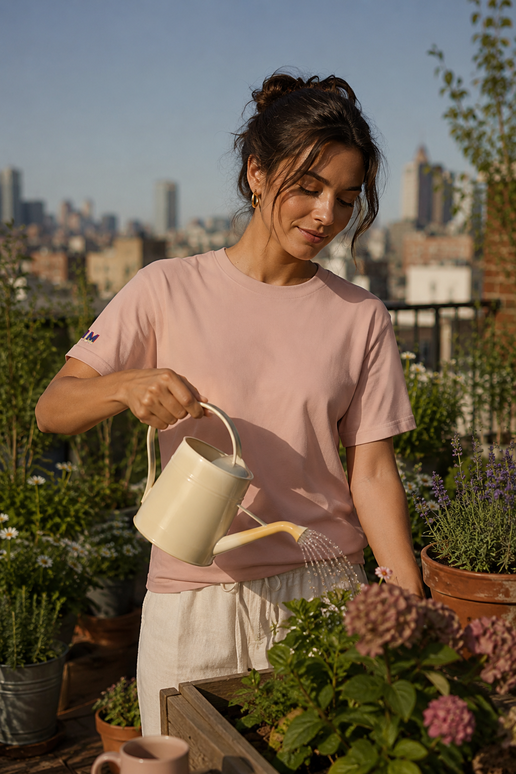 Female model wearing Tantrum Media Soft Tones Plain Tee in rose on rooftop garden