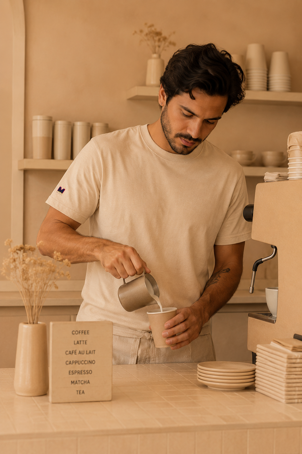 Male model wearing Tantrum Media Soft Tones Plain Tee in sand at coffee shop
