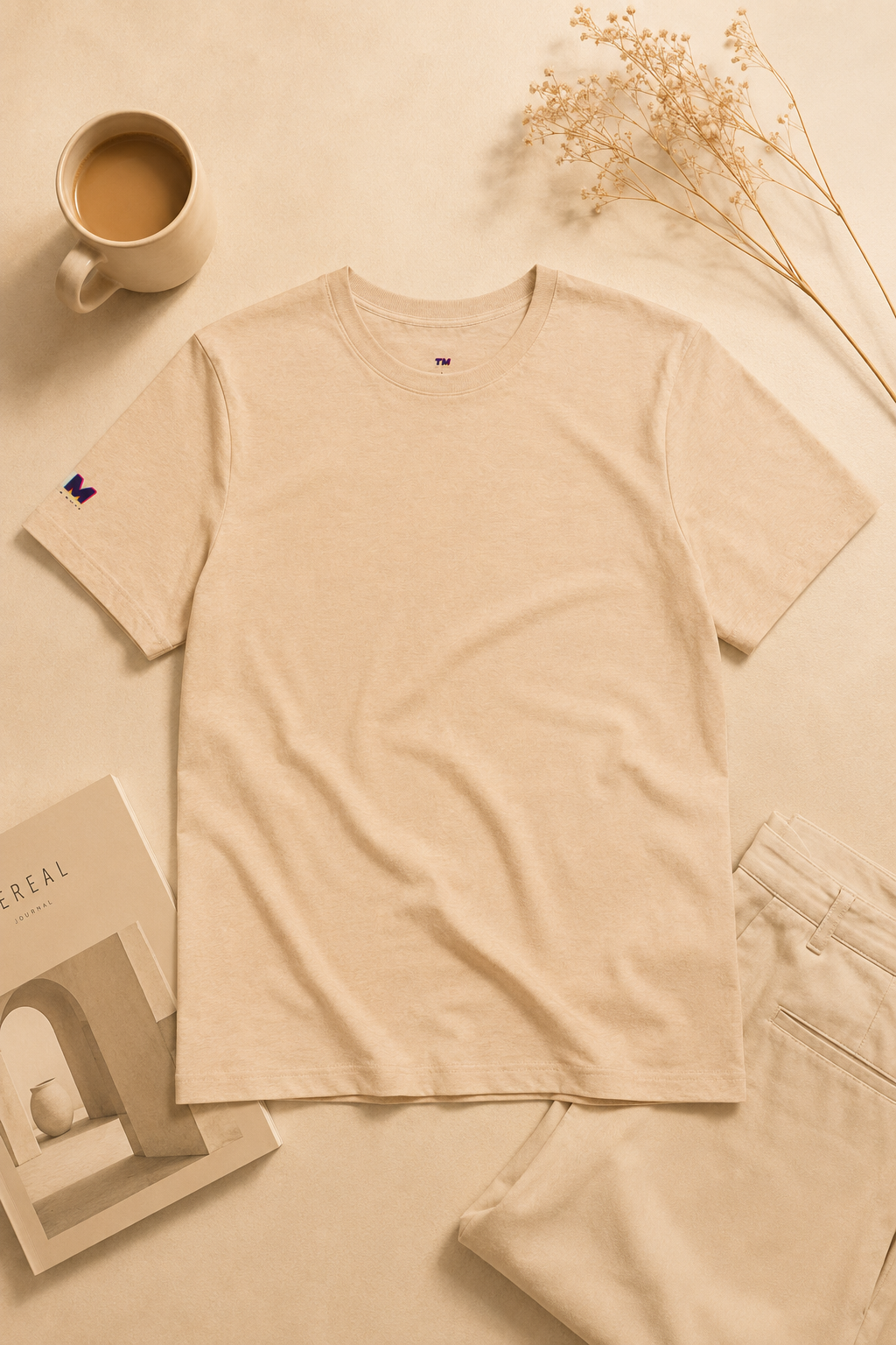 Tantrum Media Soft Tones Plain Tee in sand flat lay mockup