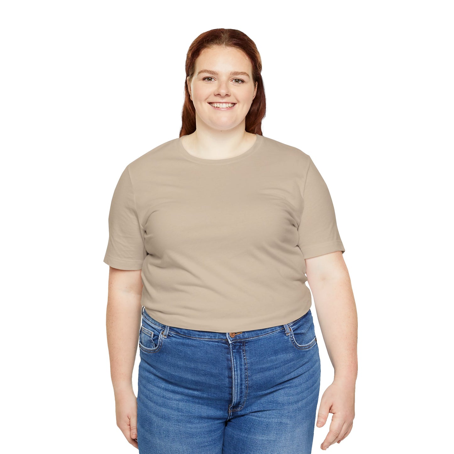 Plus-size model wearing Tantrum Media Soft Tones Plain Tee in sand