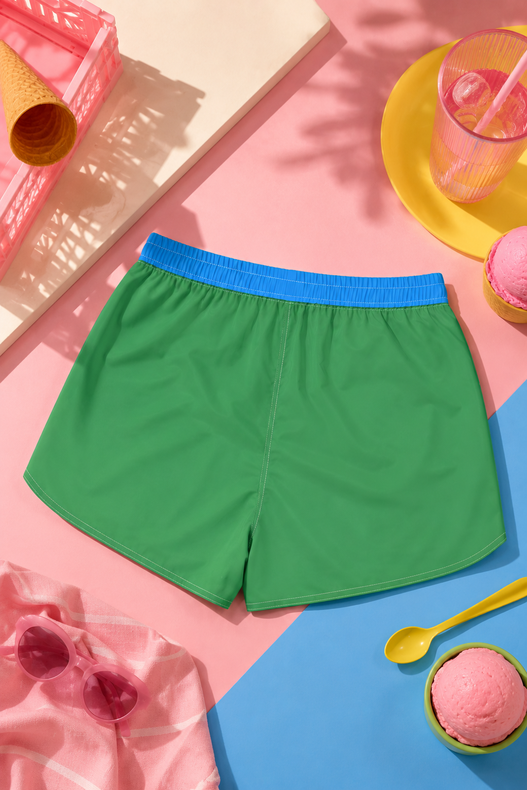 Rear flat lay of Solid Color Women's Athletic Shorts with pastel summer styling.