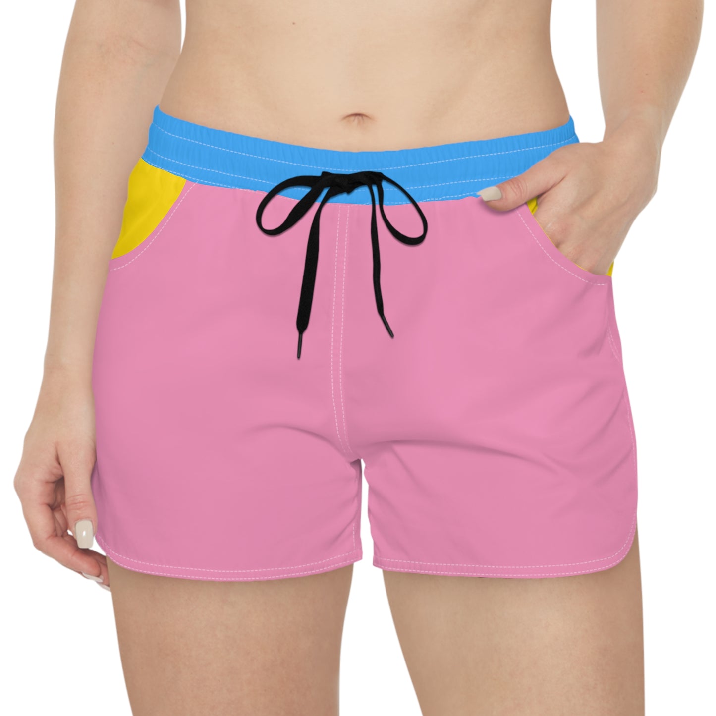 Female model wearing Solid Color Women's Athletic Shorts from the front.