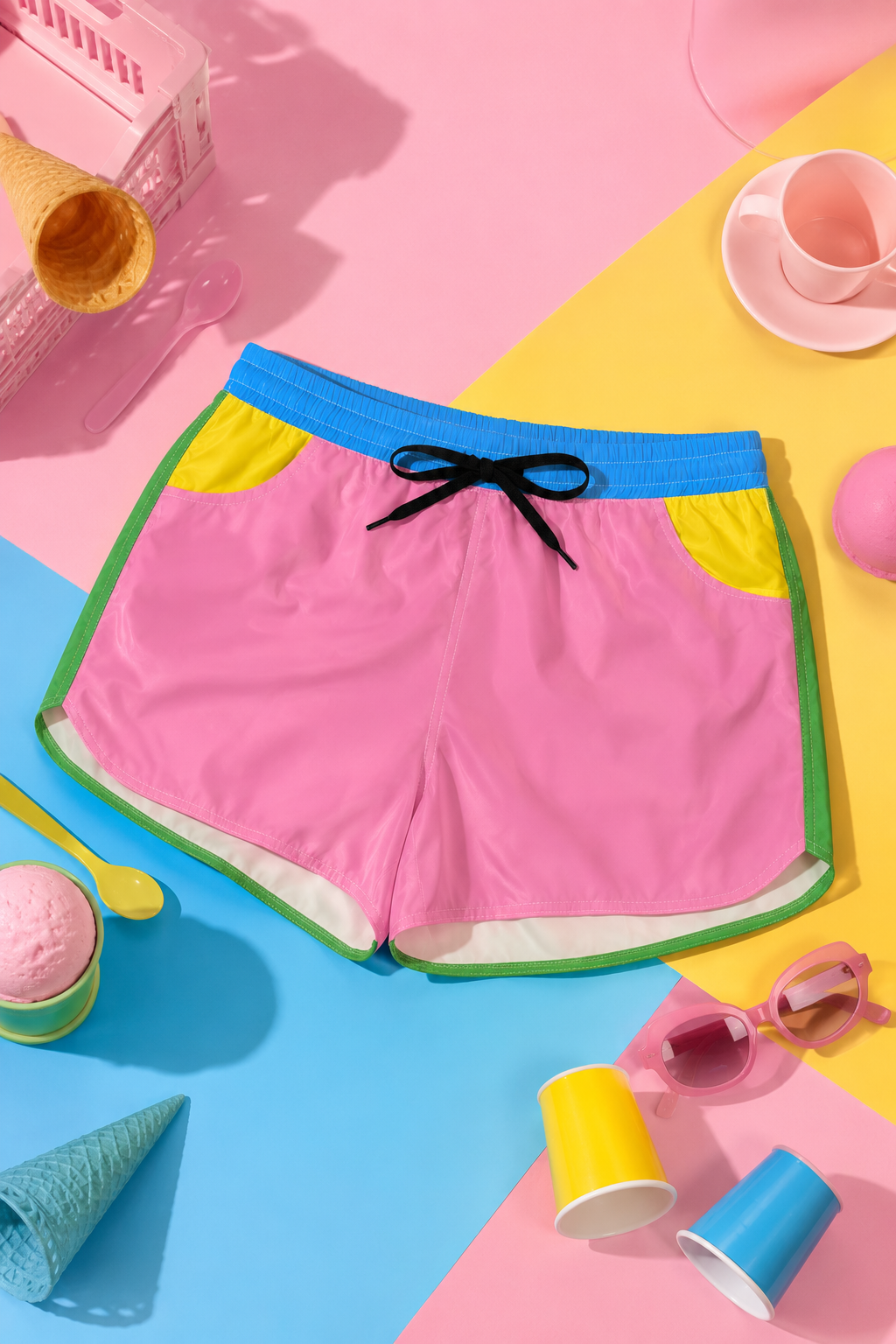 Flat lay of Solid Color Women's Athletic Shorts with vibrant pastel styling.