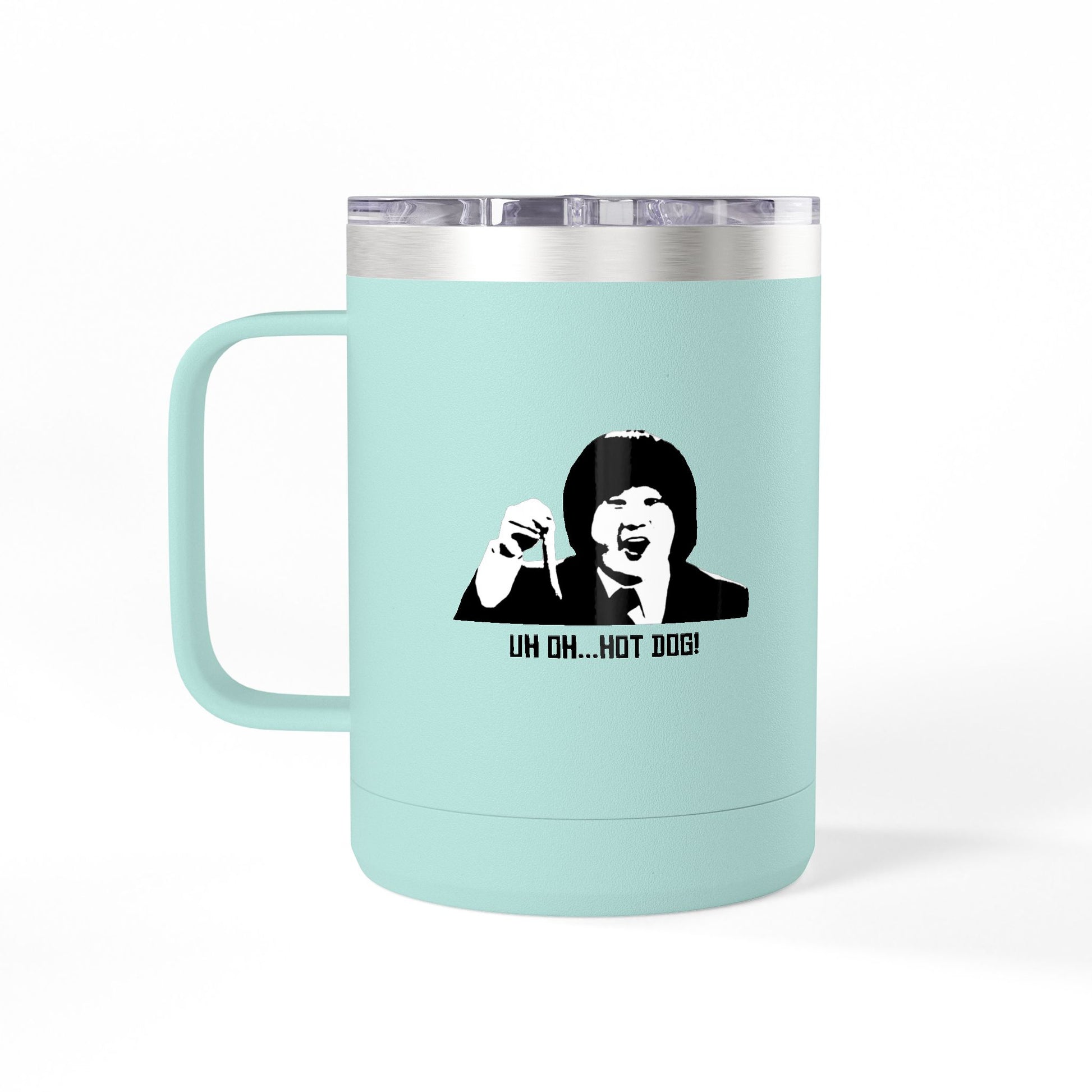 Teal Uh Oh Hot Dog MADtv stainless steel travel mug with character artwork and clear lid
