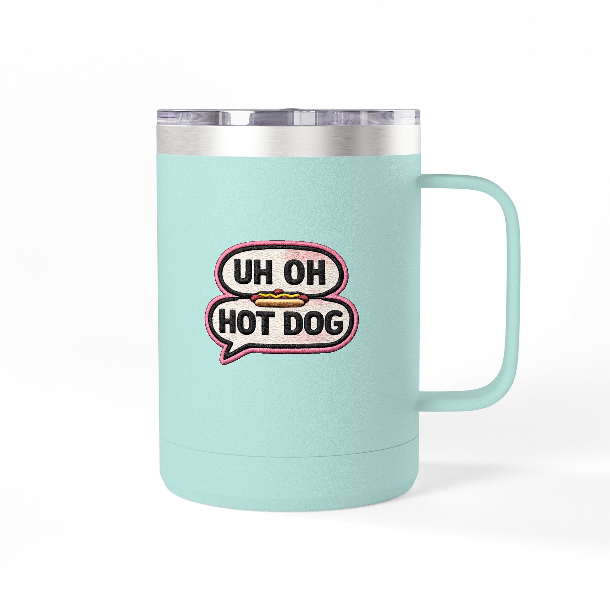 Teal Uh Oh Hot Dog MADtv insulated coffee mug with speech-bubble design and handle