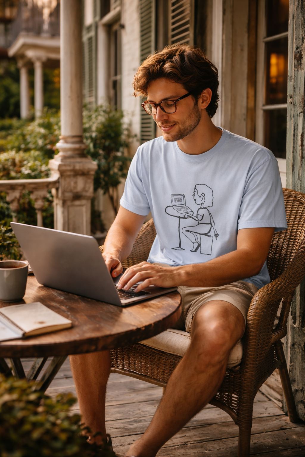 man working on laptop wearing team meeting t shirt outdoor cafe remote work