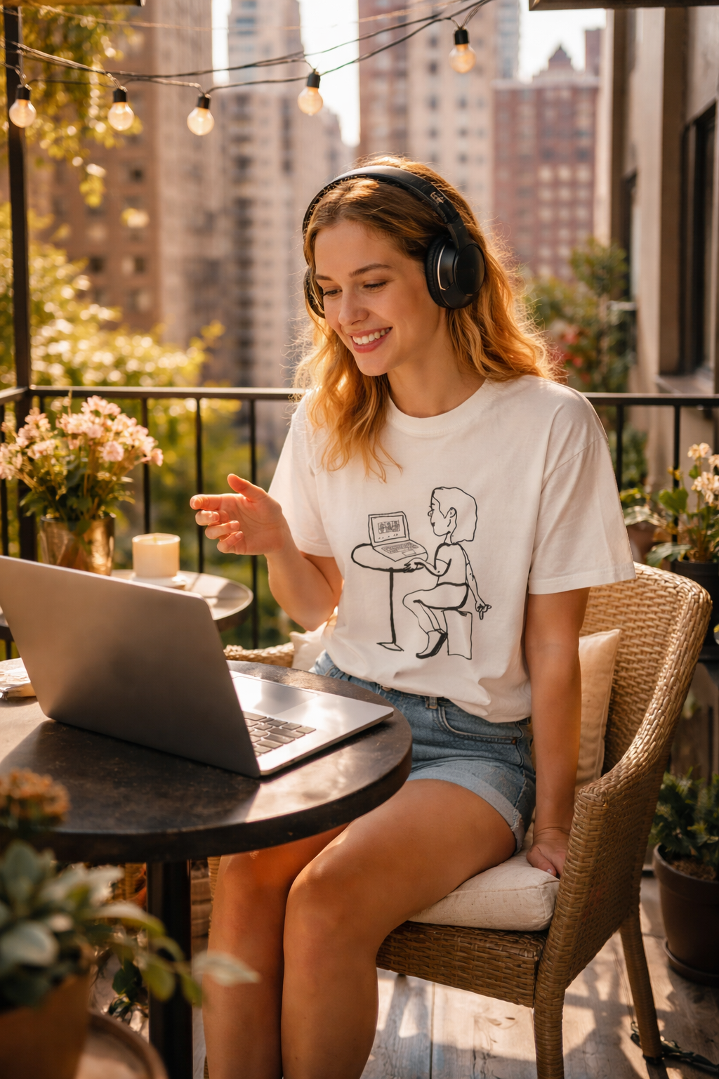 woman working remotely wearing funny team meeting t shirt on laptop balcony