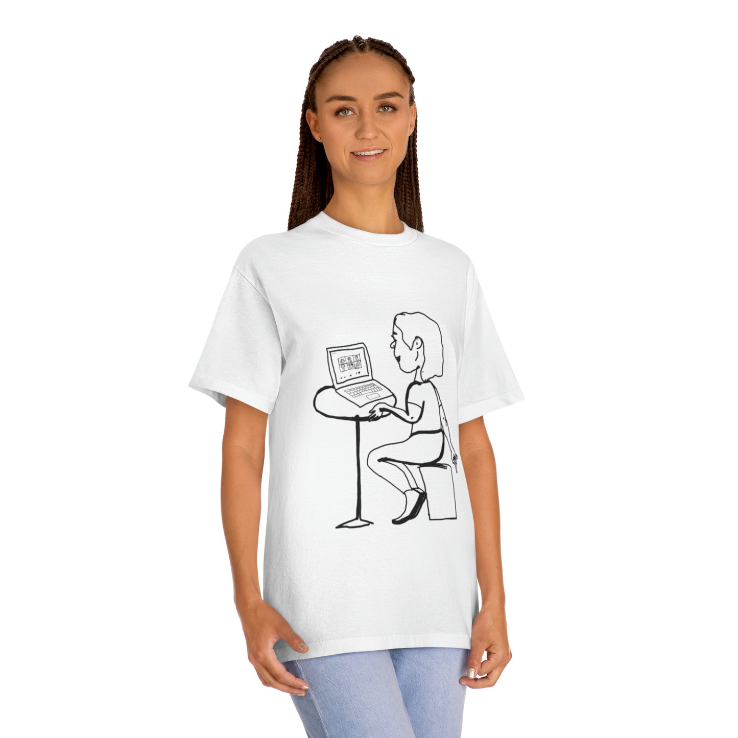 woman wearing funny team meeting t shirt white casual fit