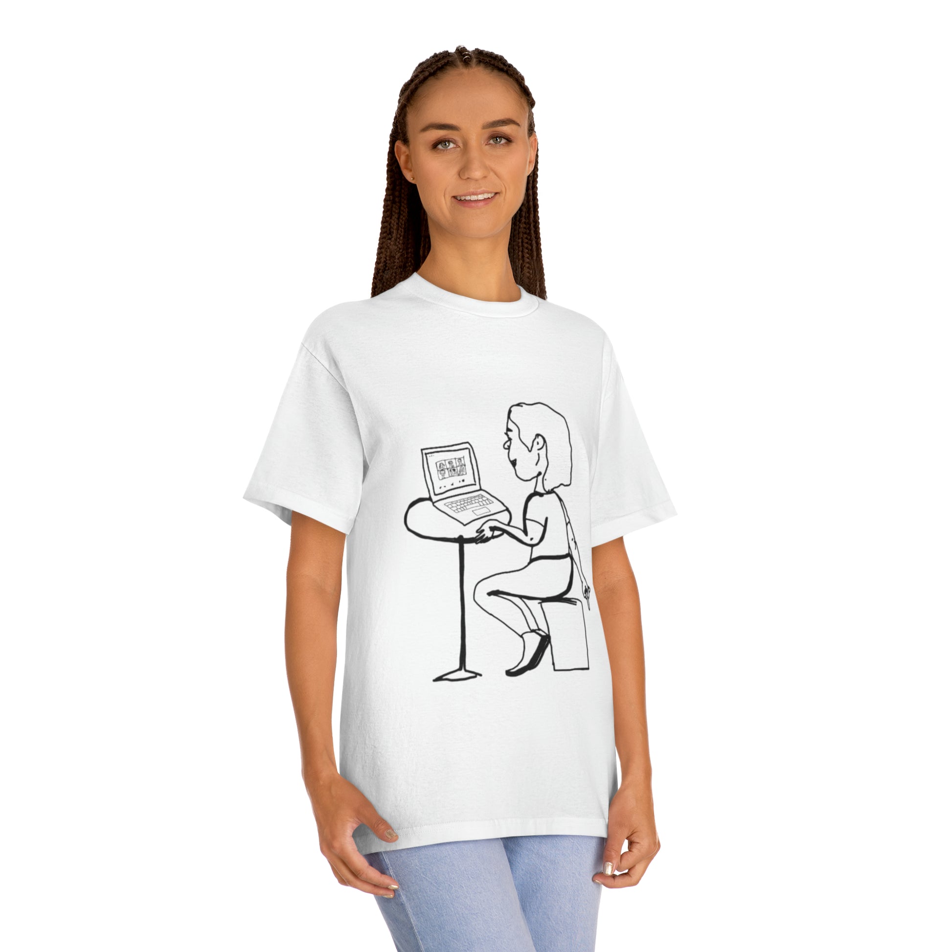 woman wearing funny team meeting t shirt white casual fit