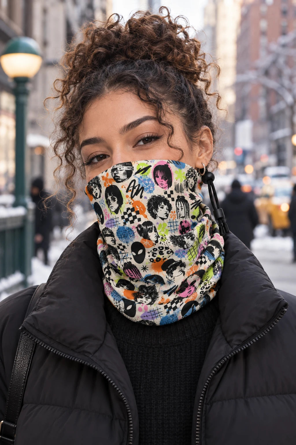 Gen Z woman wearing Tech Face adversarial winter neck gaiter on a New York City street