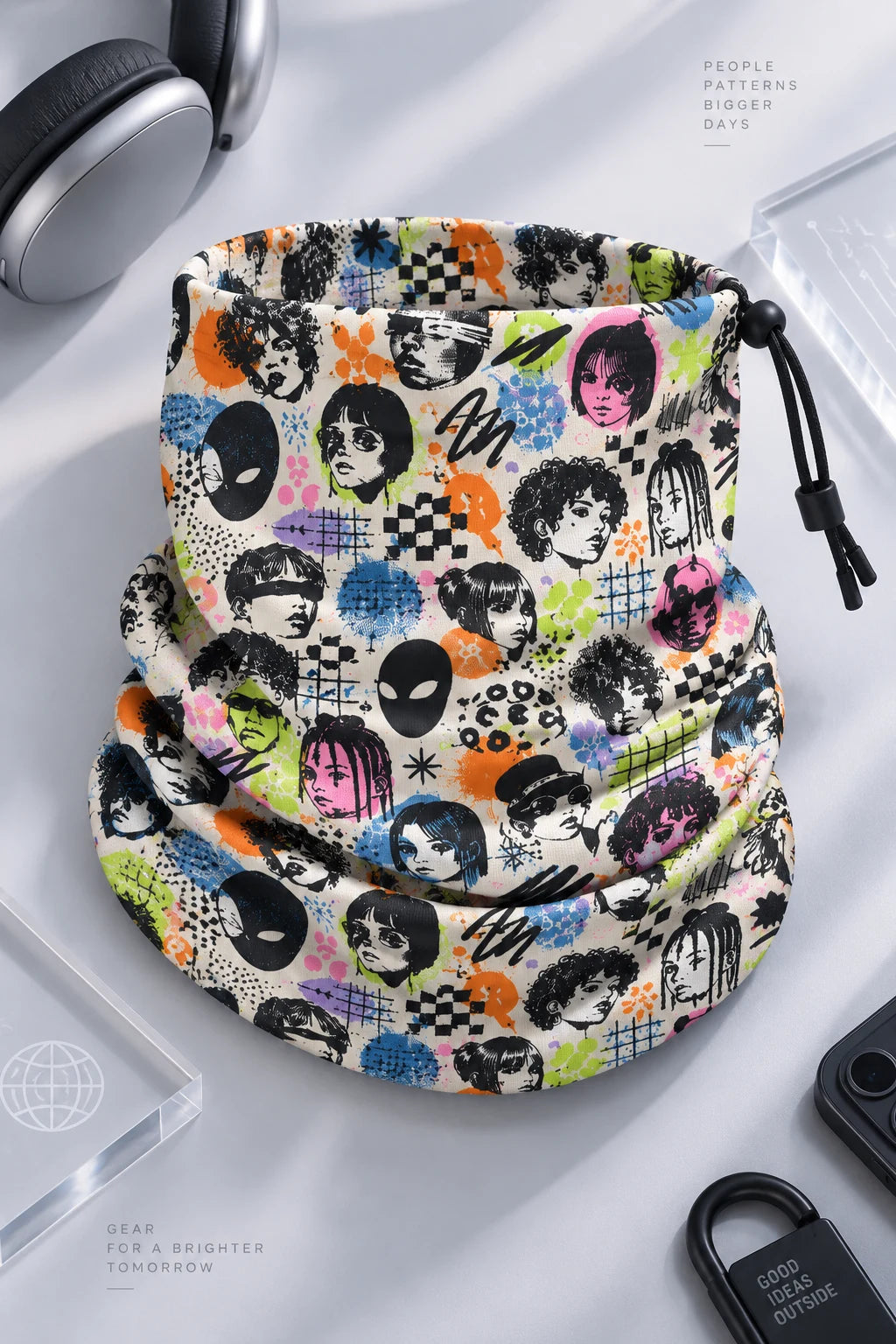 Tech Face winter neck gaiter flat lay with colorful facial recognition-inspired adversarial print