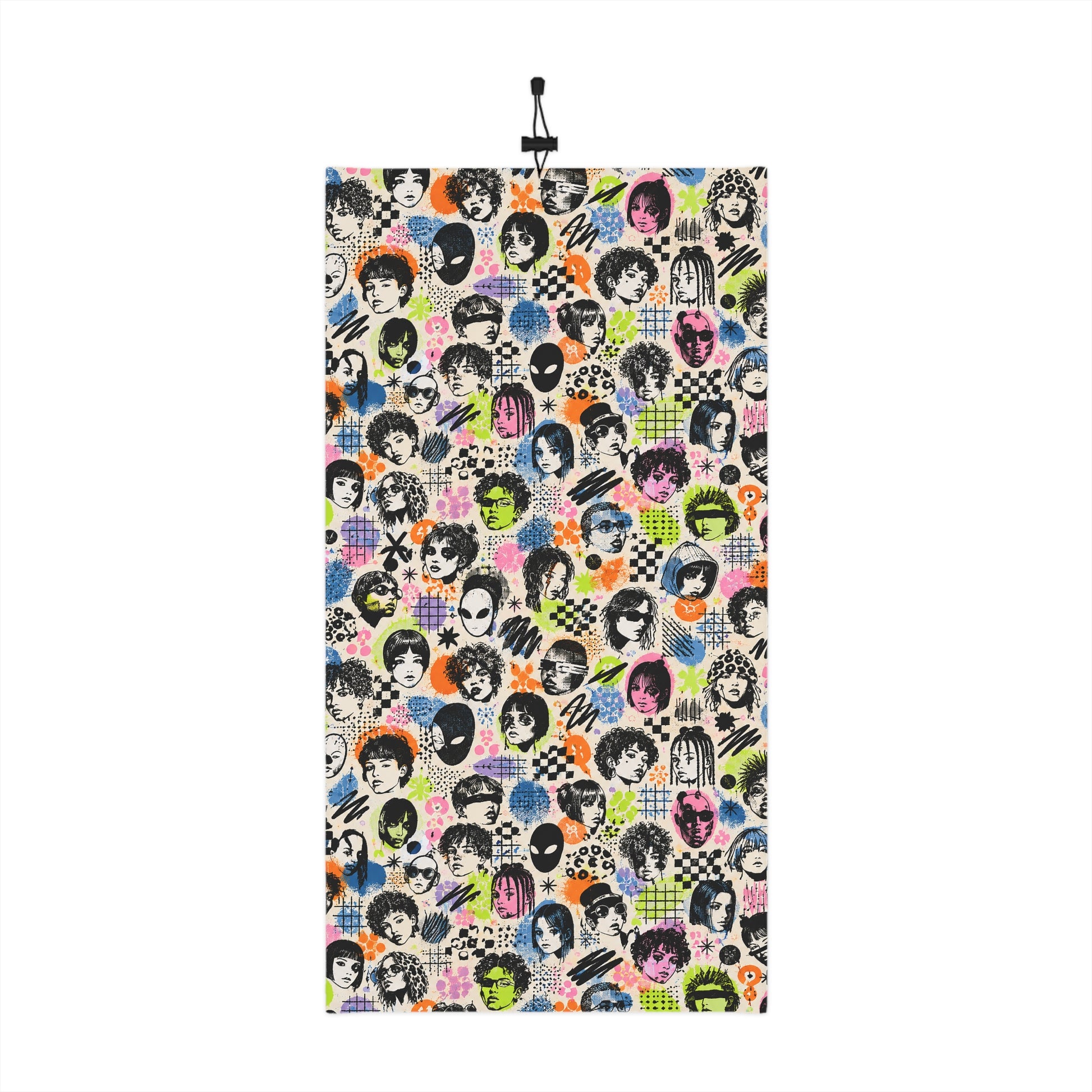 Back view of Tech Face adversarial winter neck gaiter with all-over illustrated face pattern