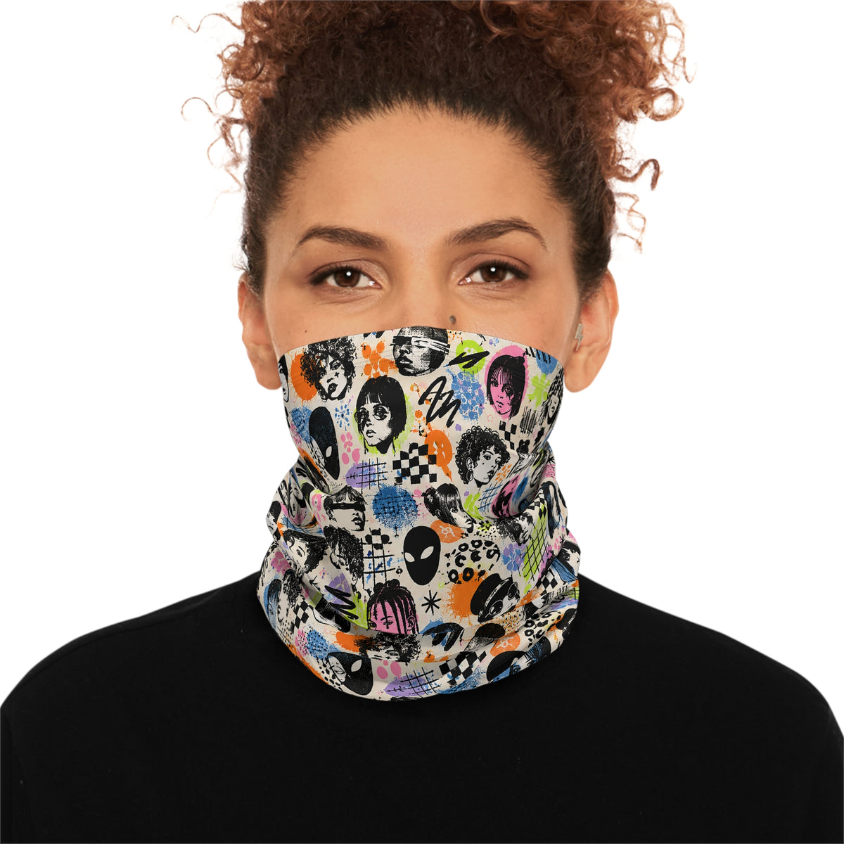 Woman wearing Tech Face facial recognition-inspired winter neck gaiter front view