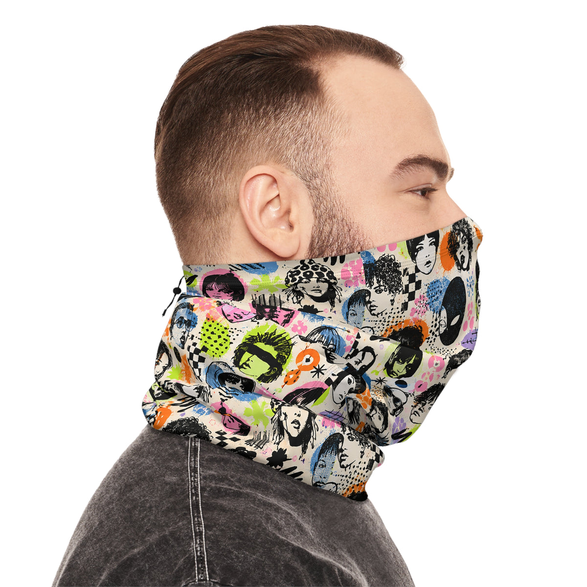 Side view of man wearing Tech Face patterned winter neck gaiter and techwear face covering