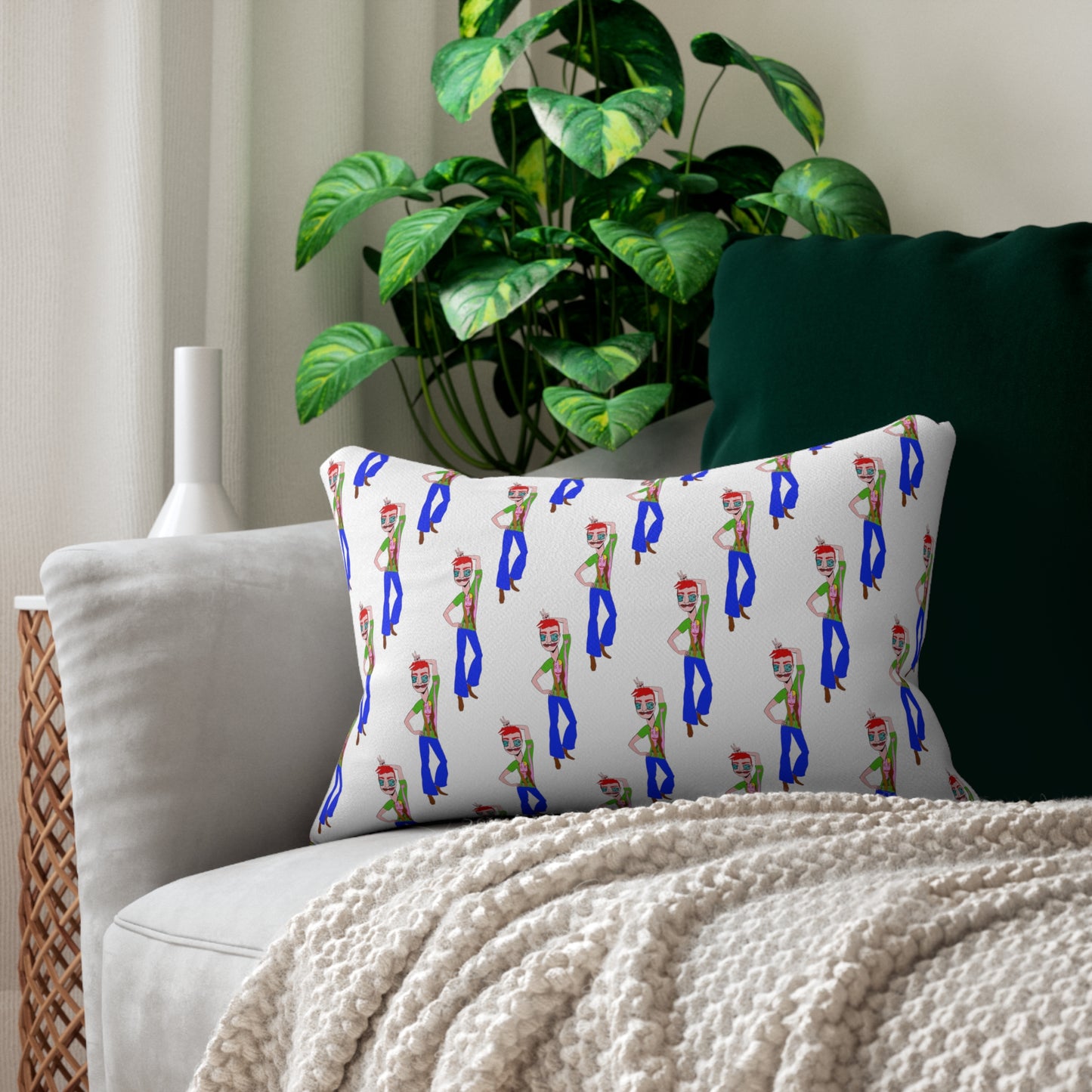 TeeMan artistic lumbar pillow styled on a light sofa with green cushions and indoor plants
