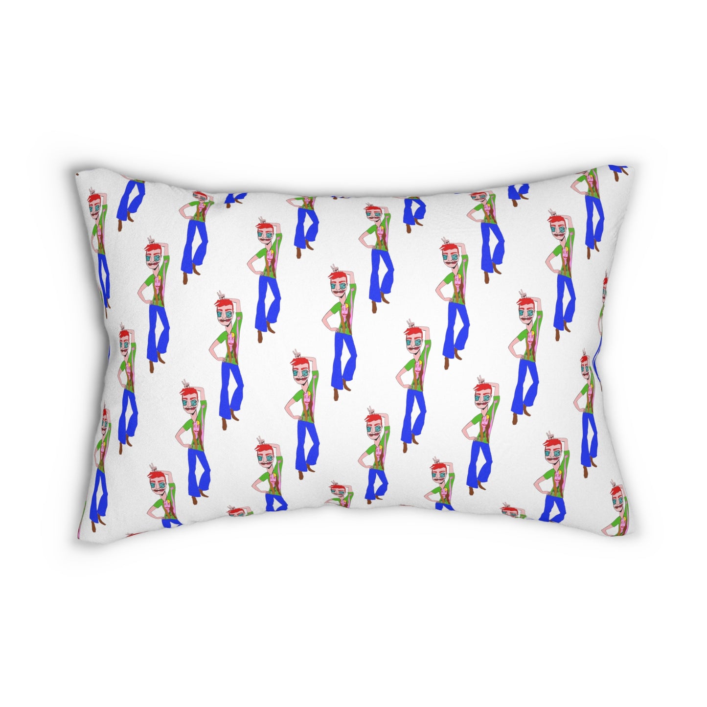TeeMan rectangular lumbar pillow with a repeating illustrated character print on white