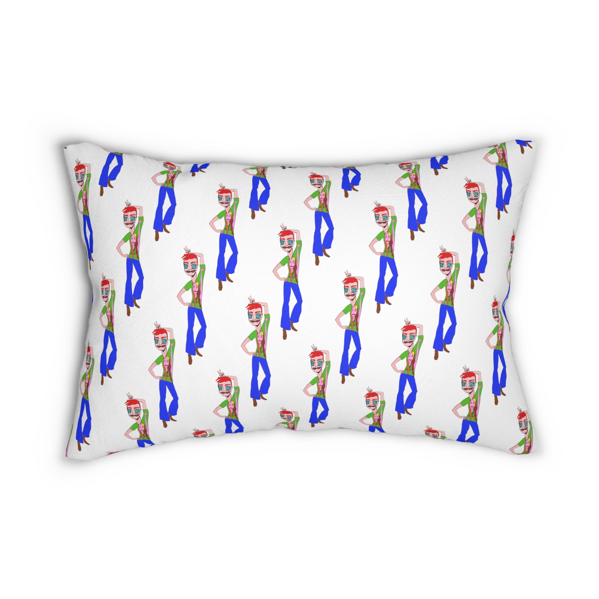 TeeMan rectangular lumbar pillow with a repeating illustrated character print on white