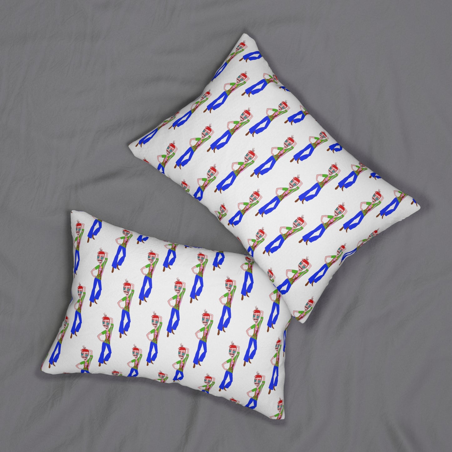 Two views of the TeeMan double-sided lumbar throw pillow with original artwork by @socialtantrum