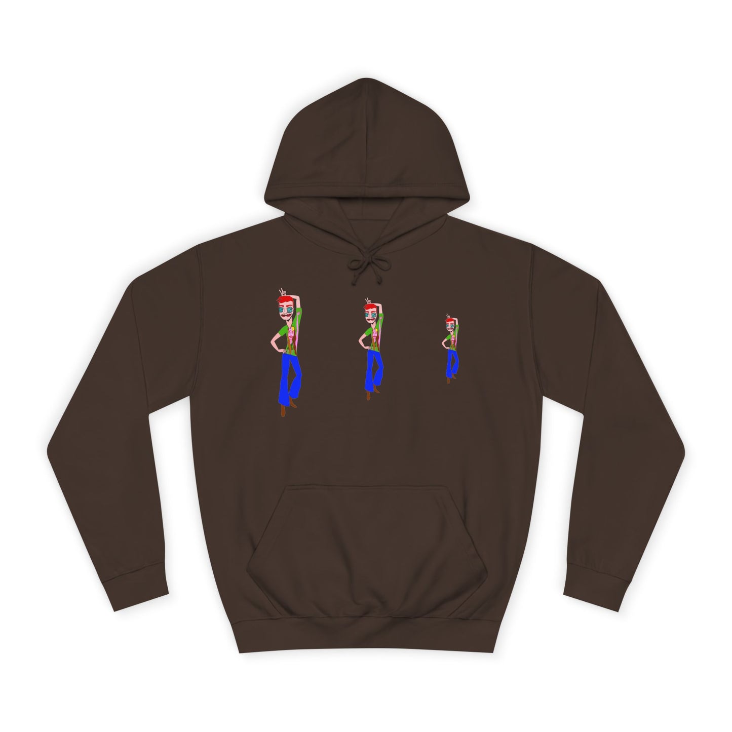 Brown TeeMan graphic hoodie with three illustrated characters, front view.