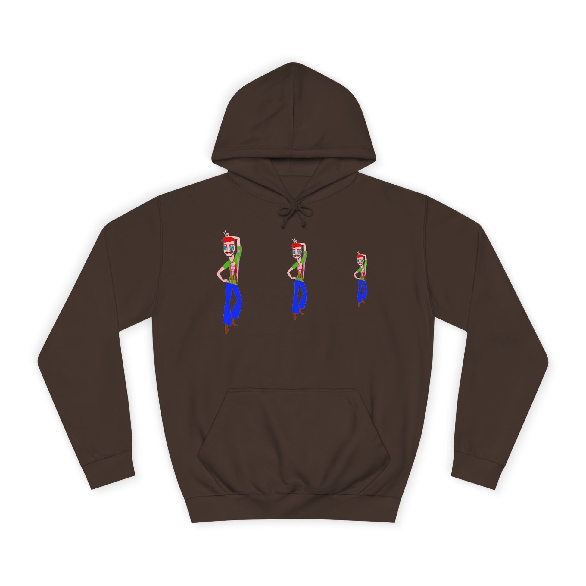 Brown TeeMan graphic hoodie with three illustrated characters, front view.