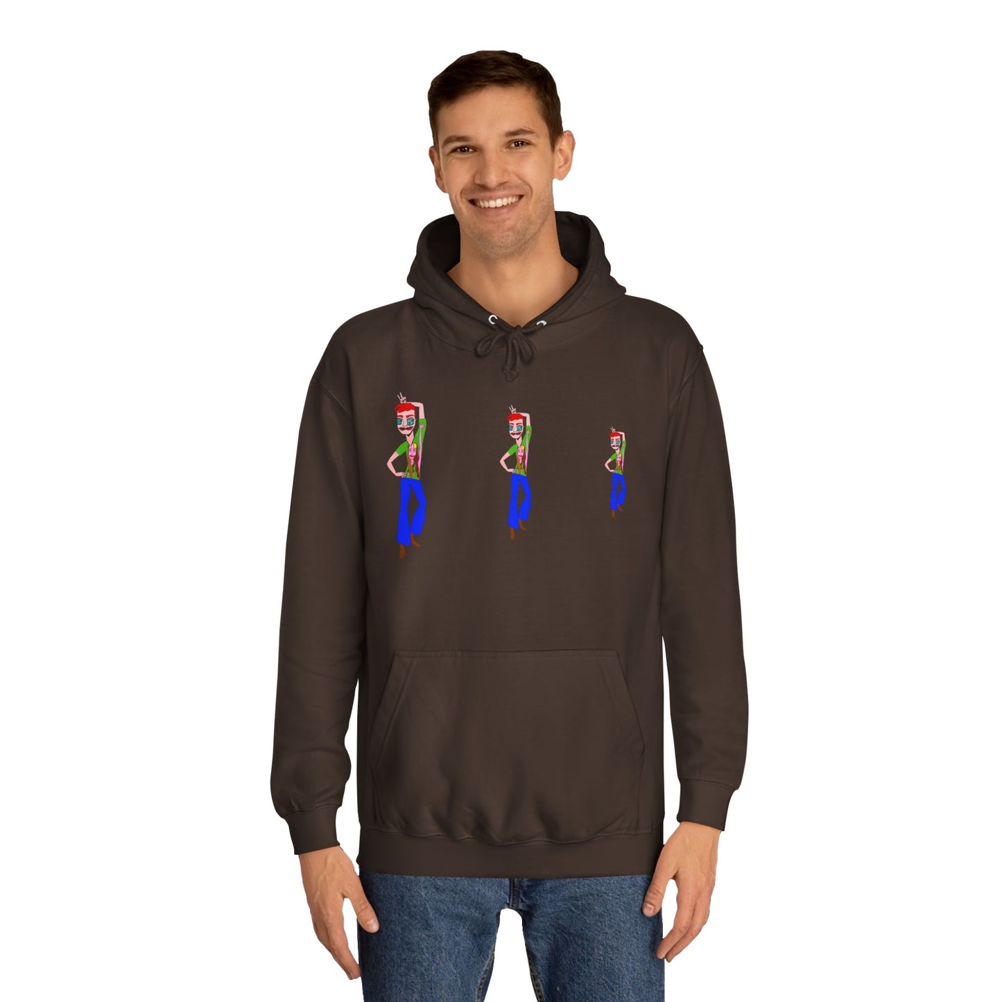 Man wearing a brown TeeMan graphic hoodie with colorful illustrated character artwork.