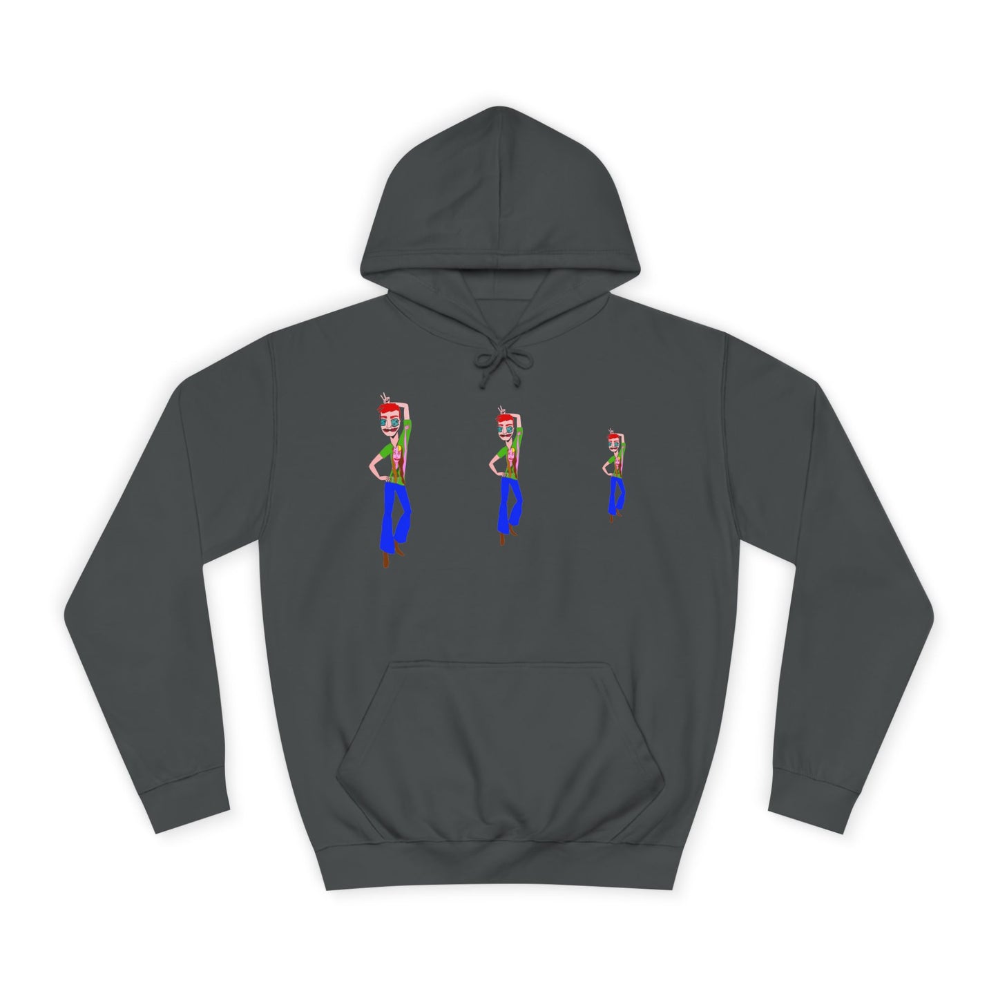 Charcoal TeeMan graphic hoodie with three illustrated characters, front view.