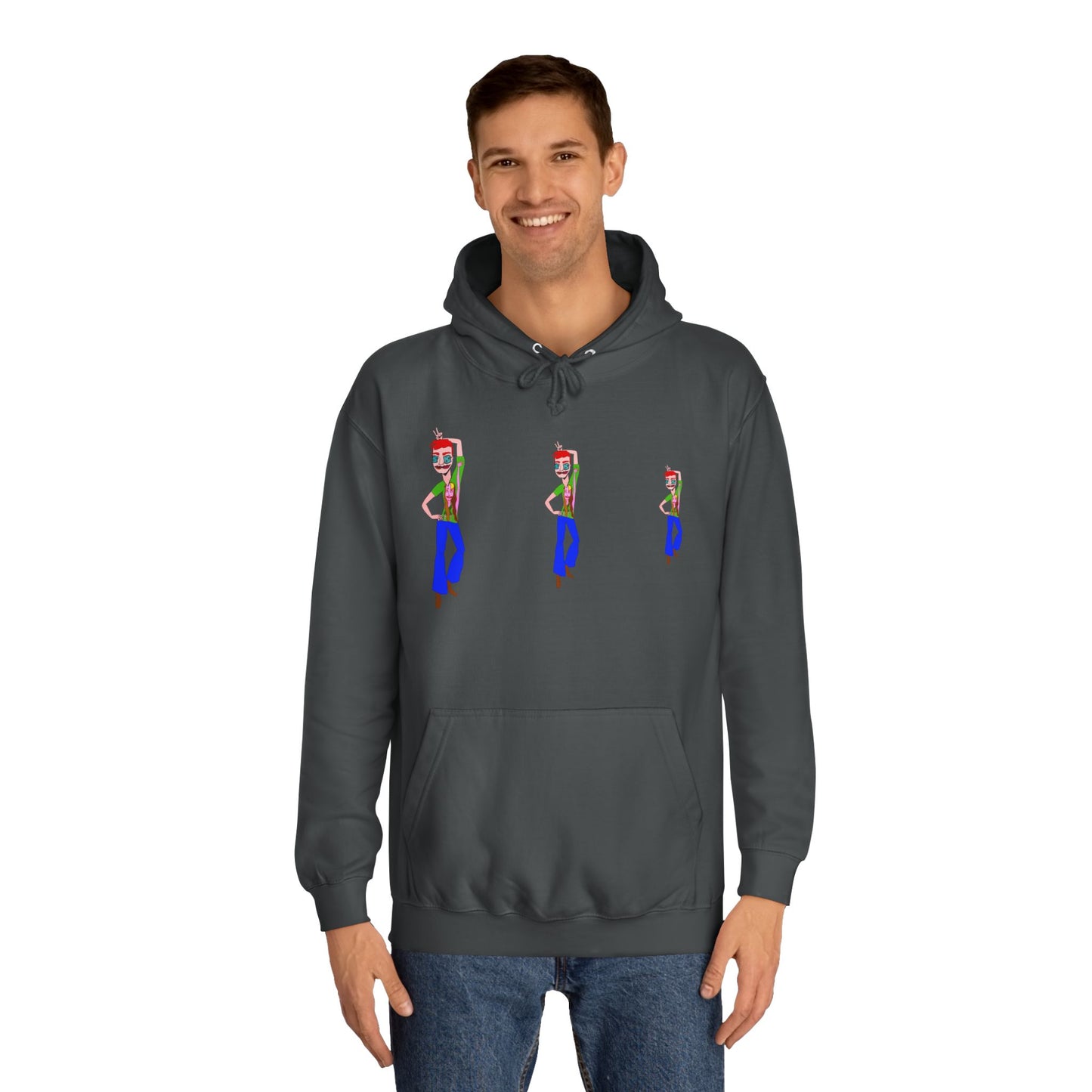 Man wearing a charcoal TeeMan graphic hoodie with illustrated character artwork.