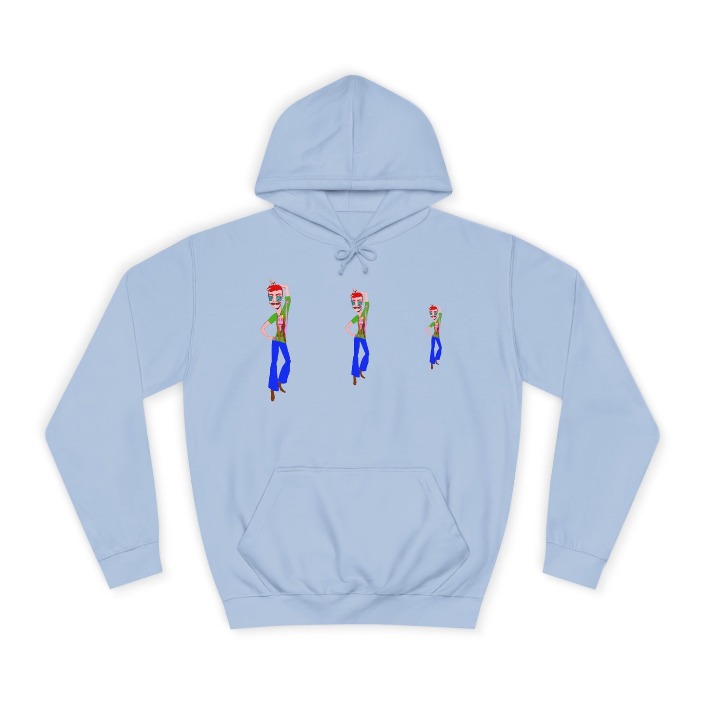 Light blue TeeMan graphic hoodie with three illustrated characters, front view.
