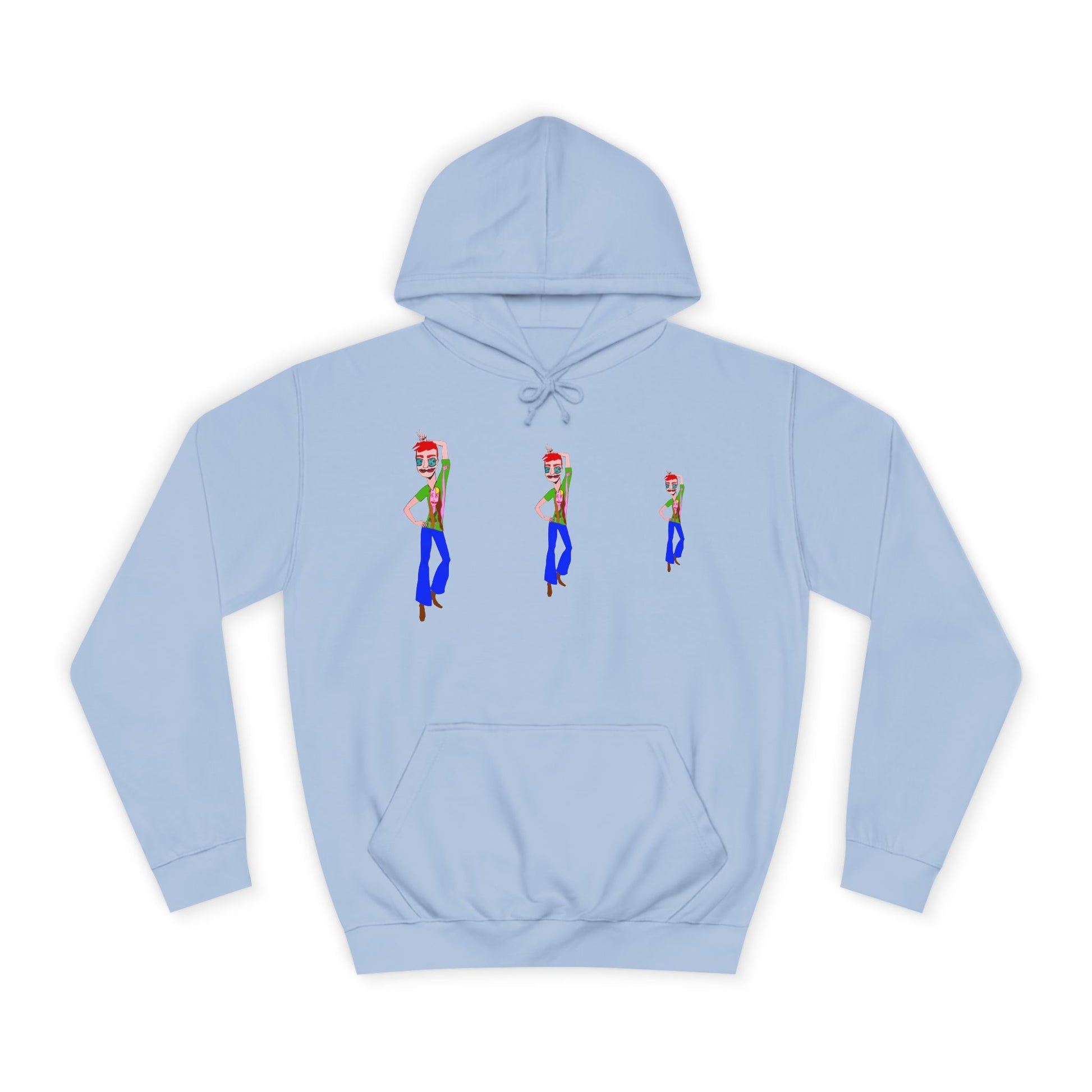 Light blue TeeMan graphic hoodie with three illustrated characters, front view.