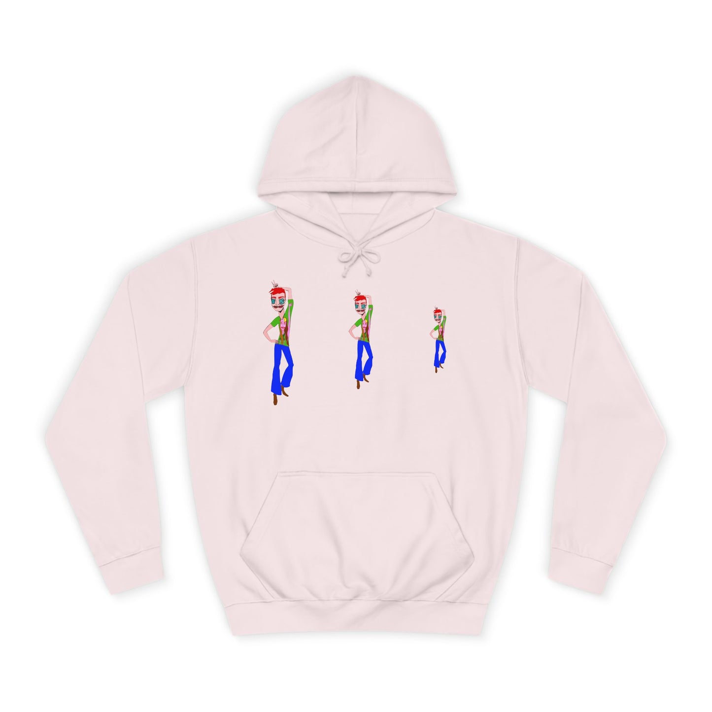 Pale pink TeeMan graphic hoodie with three illustrated characters, front view.