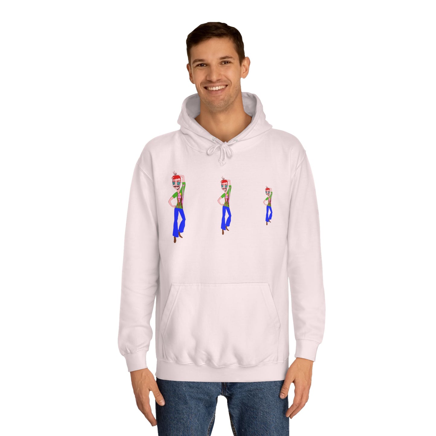 Man wearing a pale pink TeeMan graphic hoodie with illustrated character artwork.