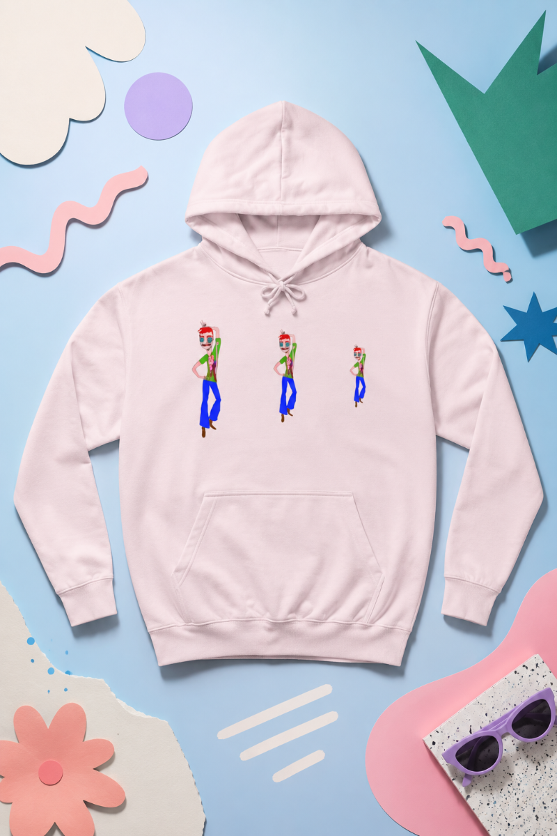 Pale pink TeeMan graphic hoodie flat lay with colorful pop-art elements.