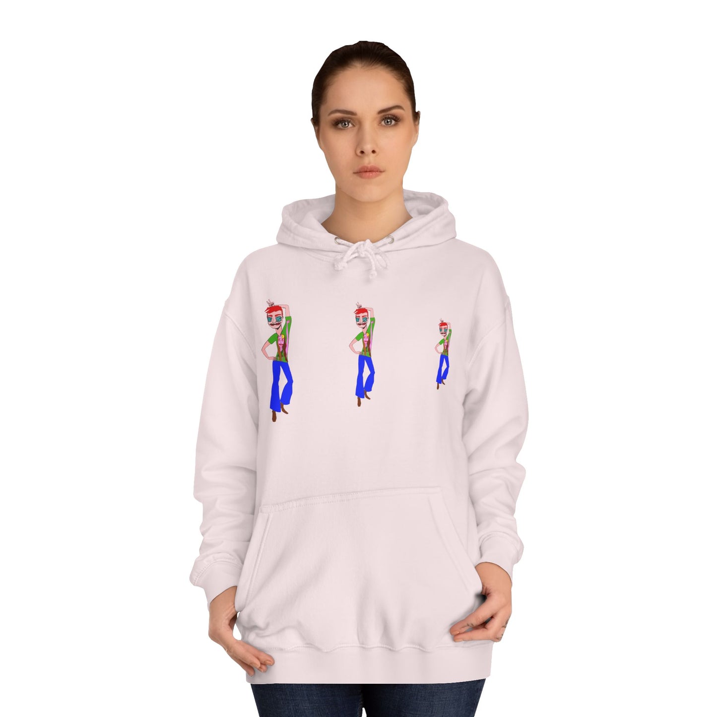 Woman wearing a pale pink TeeMan graphic hoodie with illustrated character artwork.