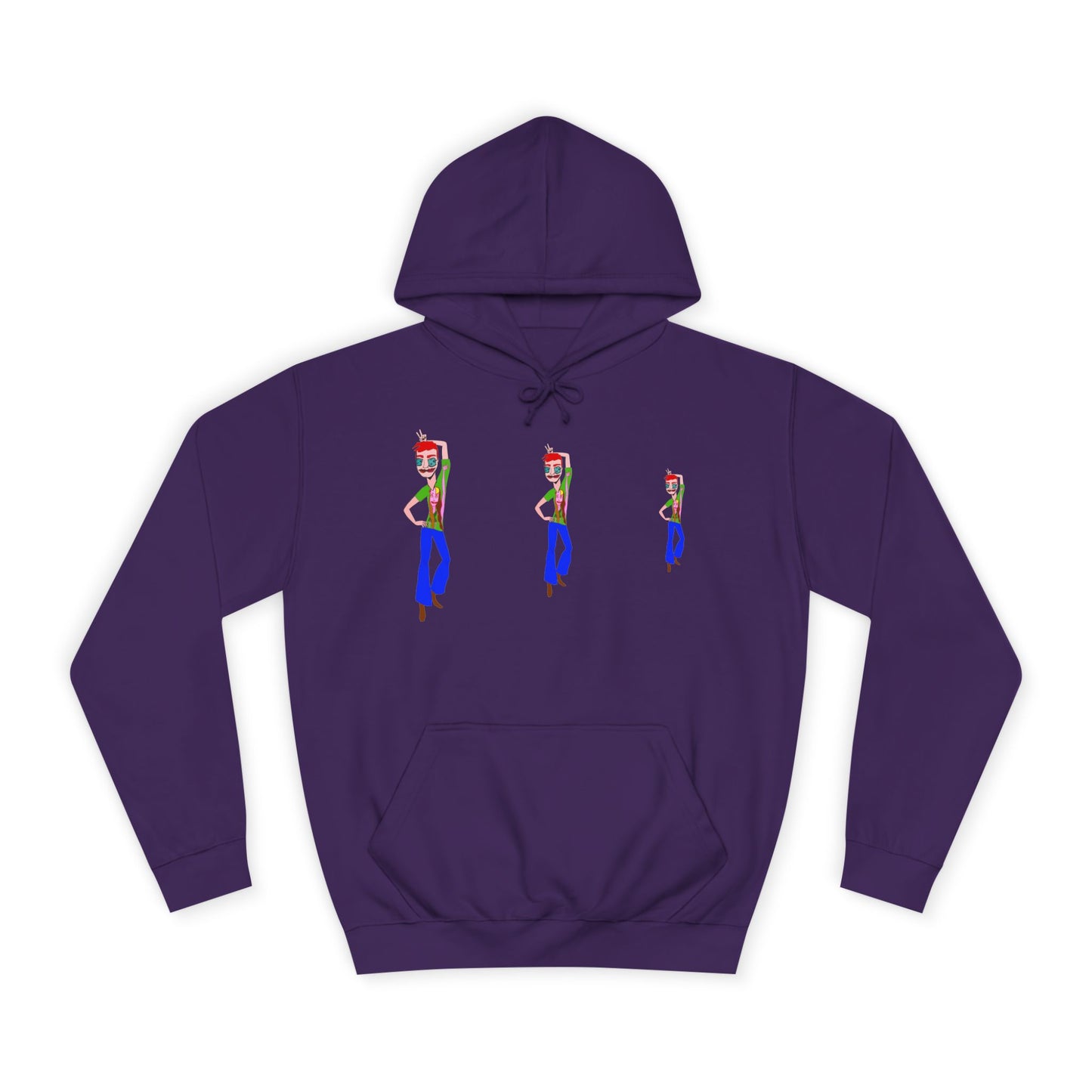 Purple TeeMan graphic hoodie with three illustrated characters, front view.