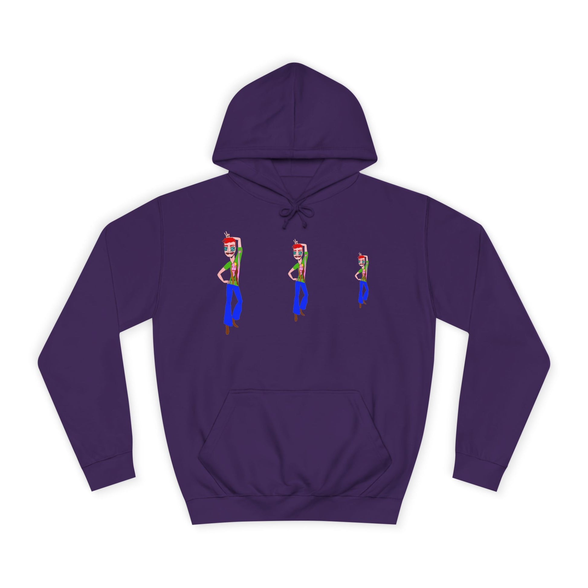 Purple TeeMan graphic hoodie with three illustrated characters, front view.
