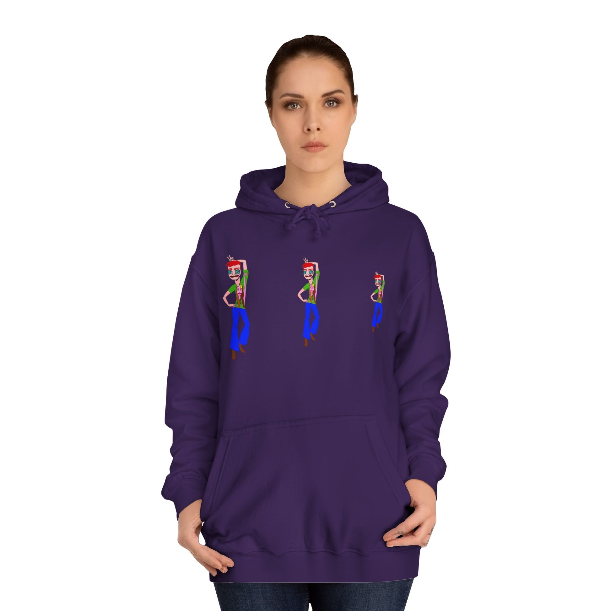 Woman wearing a purple TeeMan graphic hoodie with illustrated character artwork.